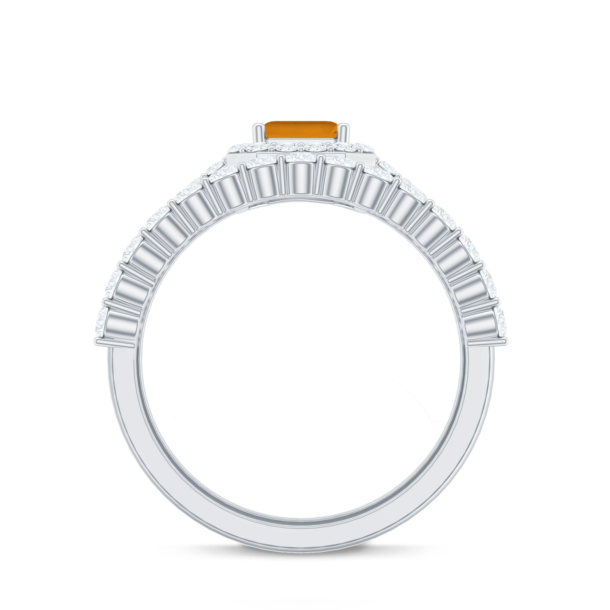 Emerald Cut Citrine Halo Engagement Ring with Moissanite Wedding Band AAA - Rosec Jewels