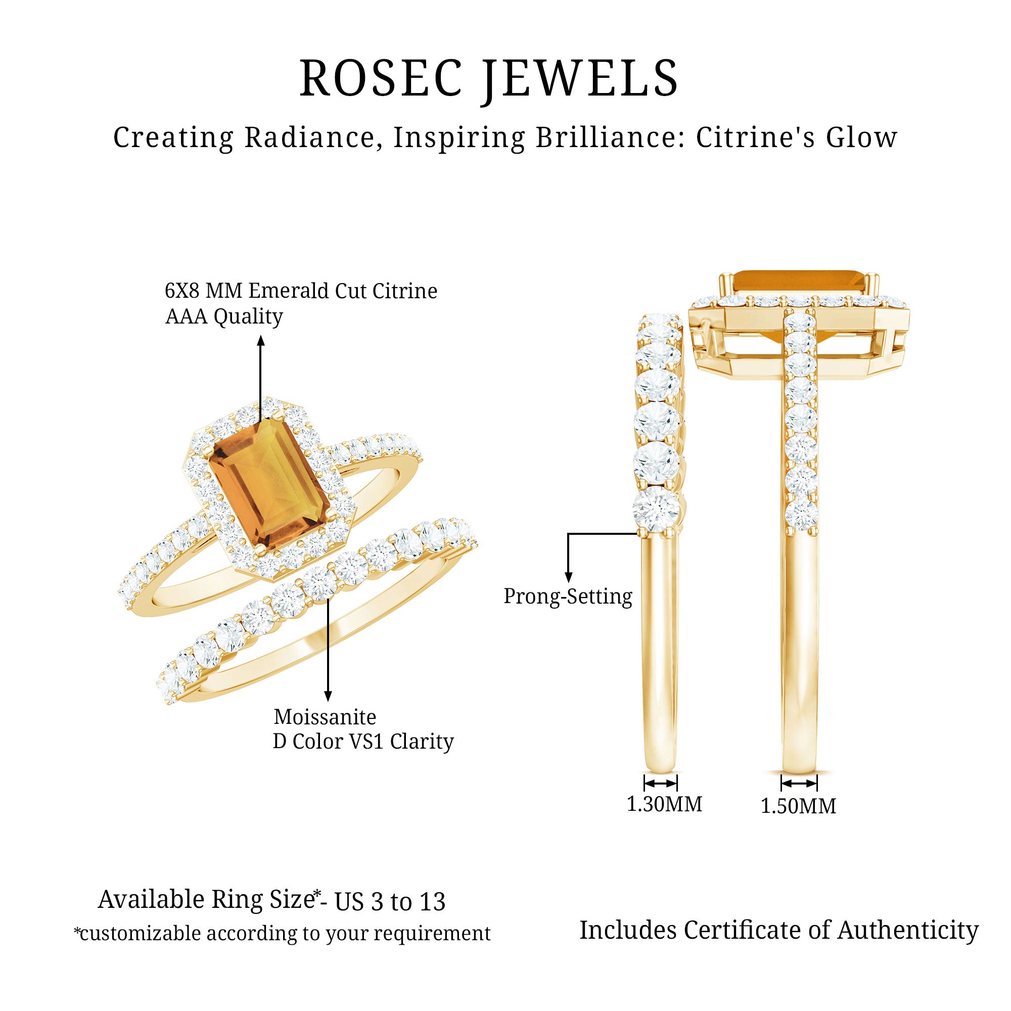 Emerald Cut Citrine Halo Engagement Ring with Moissanite Wedding Band AAA - Rosec Jewels