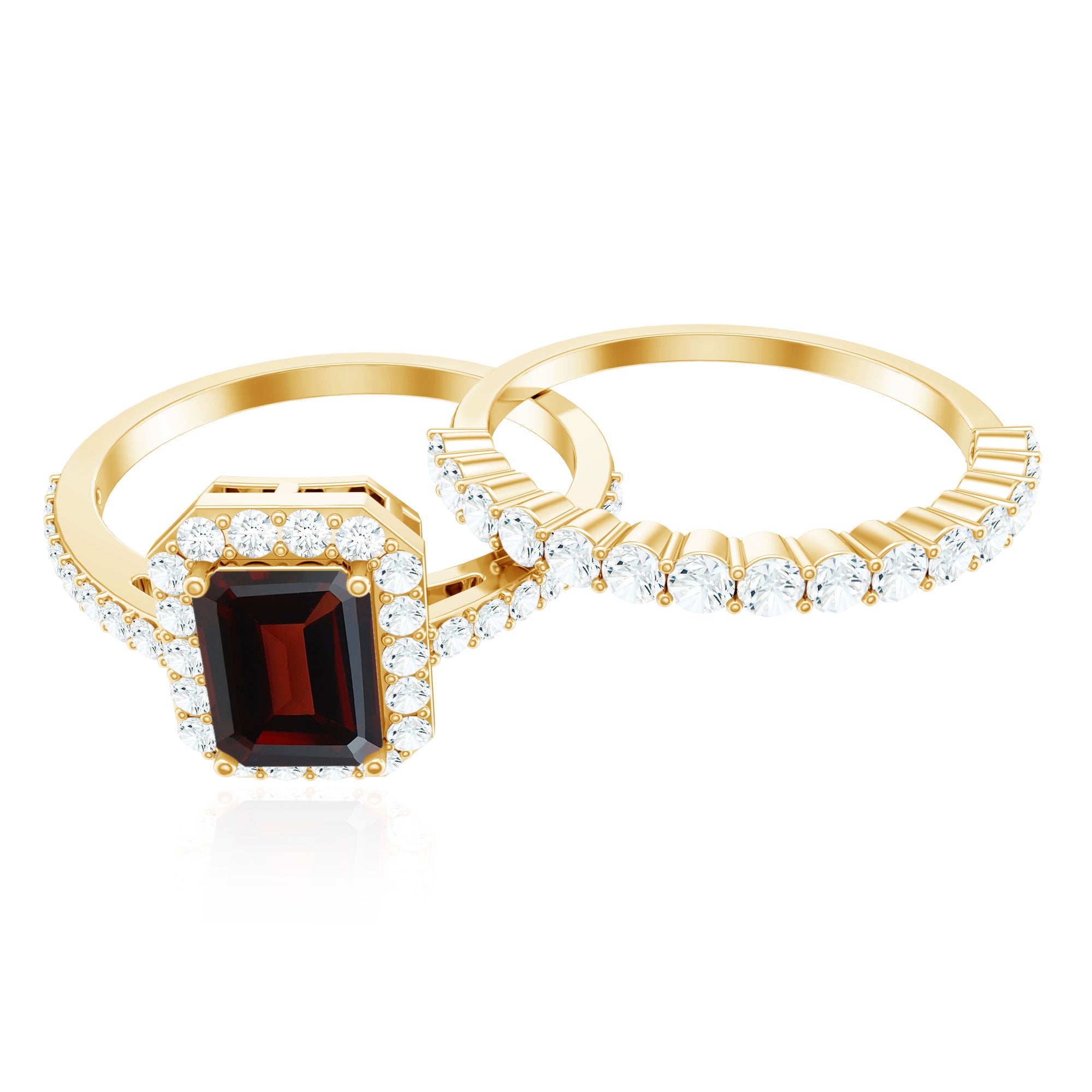 Genuine 6X8mm Emerald Cut Garnet Moissanite Wedding Ring Set of 2 AAA - Rosec Jewels