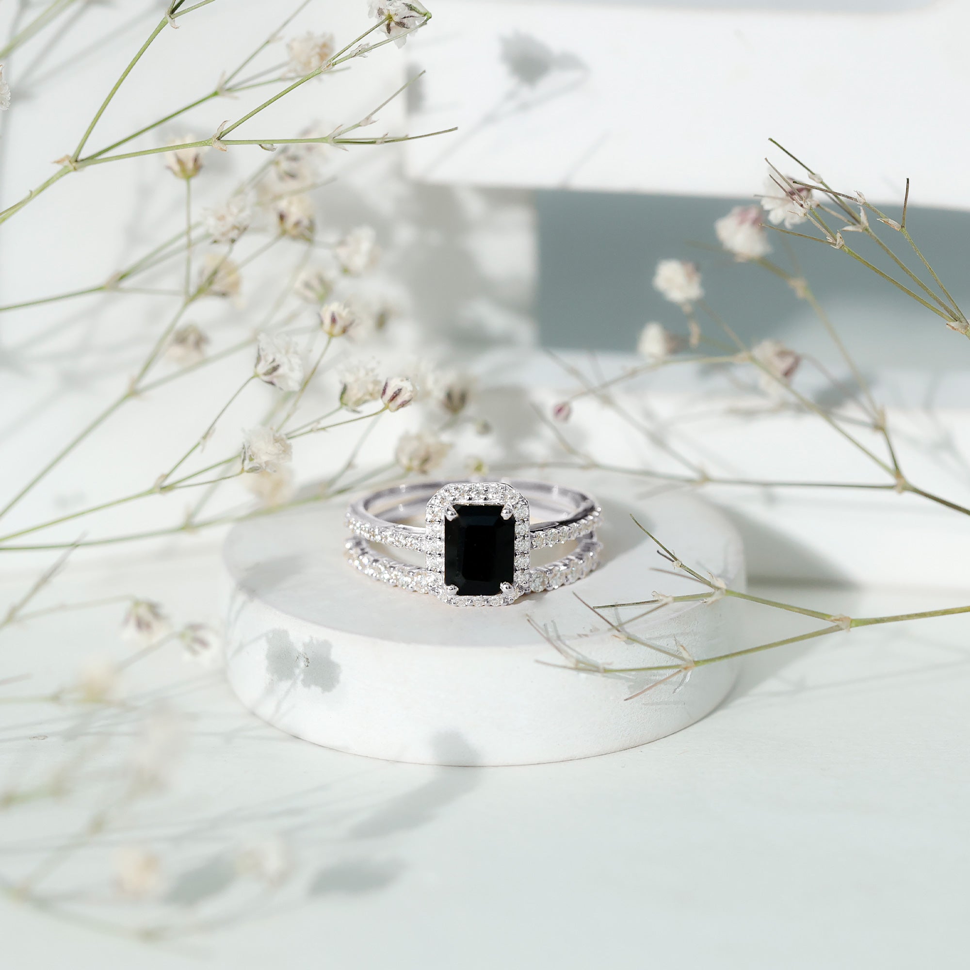Rosec Jewels-Emerald Cut Black Onyx Wedding Ring Set with Moissanite