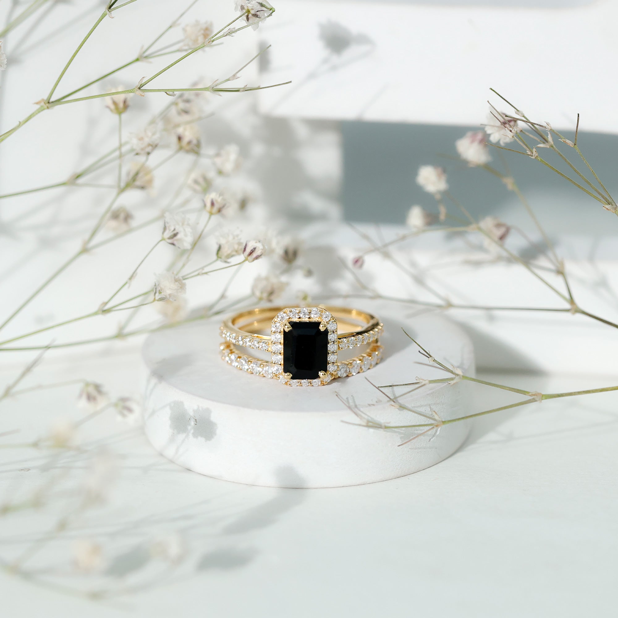 Rosec Jewels-Emerald Cut Black Onyx Wedding Ring Set with Moissanite