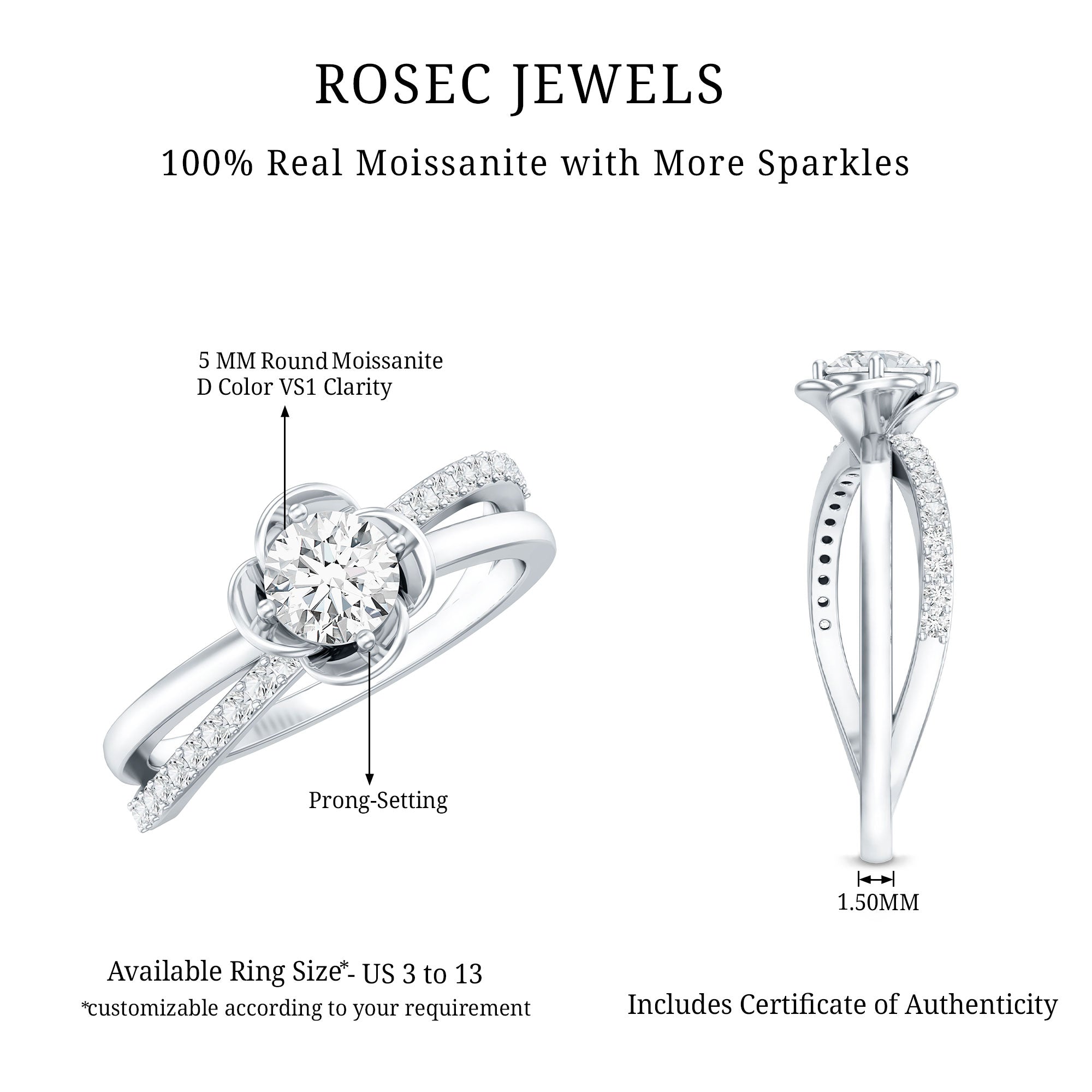 Flower Inspired Moissanite Proposal Ring for Women D-VS1 - Rosec Jewels