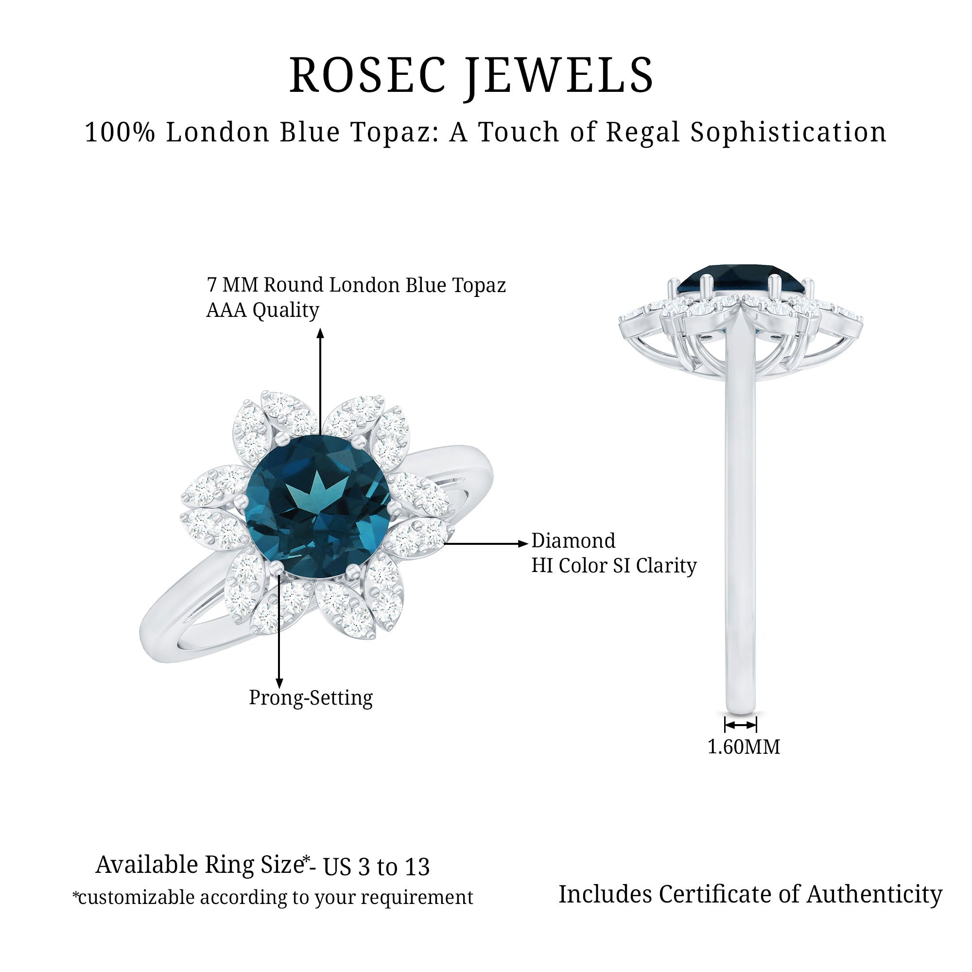 7mm Round London Blue Topaz Floral Engagement Ring with Diamond AAA - Rosec Jewels
