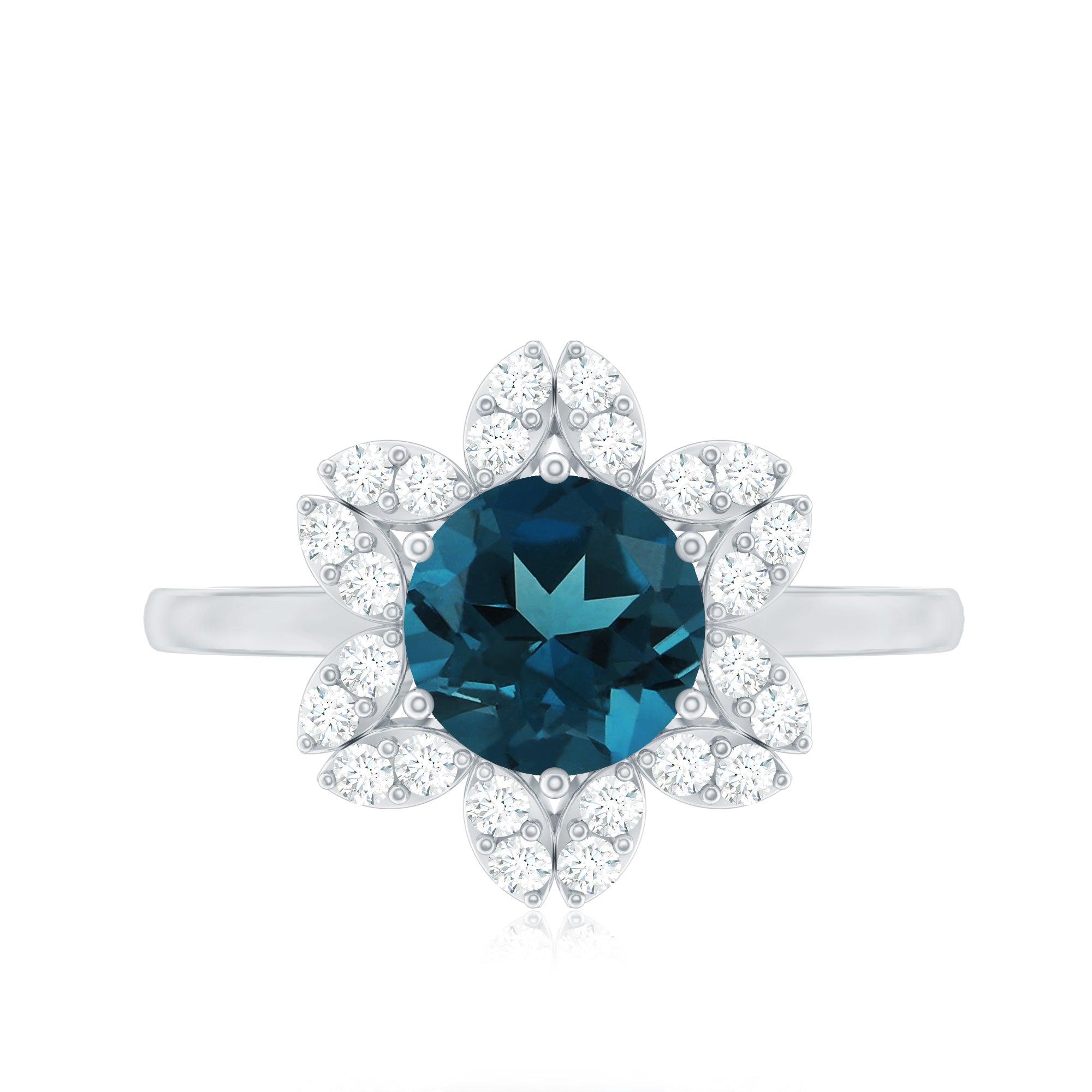 7mm Round London Blue Topaz Floral Engagement Ring with Diamond AAA - Rosec Jewels