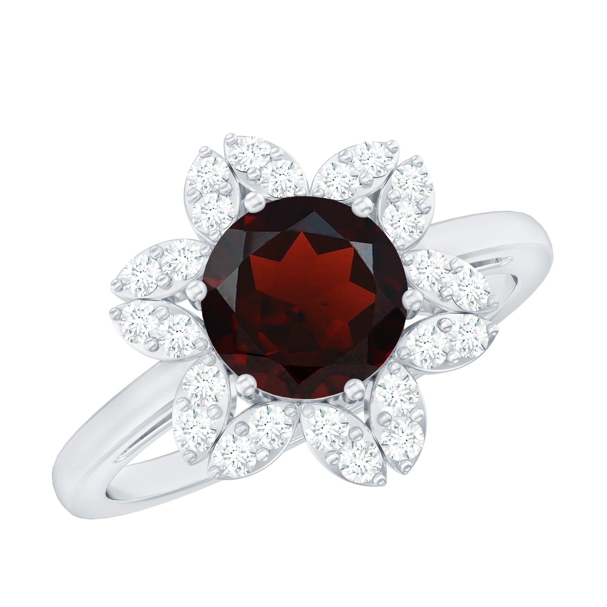 Certified Natural 8mm Garnet Flower Engagement Ring with Diamond AAA - Rosec Jewels