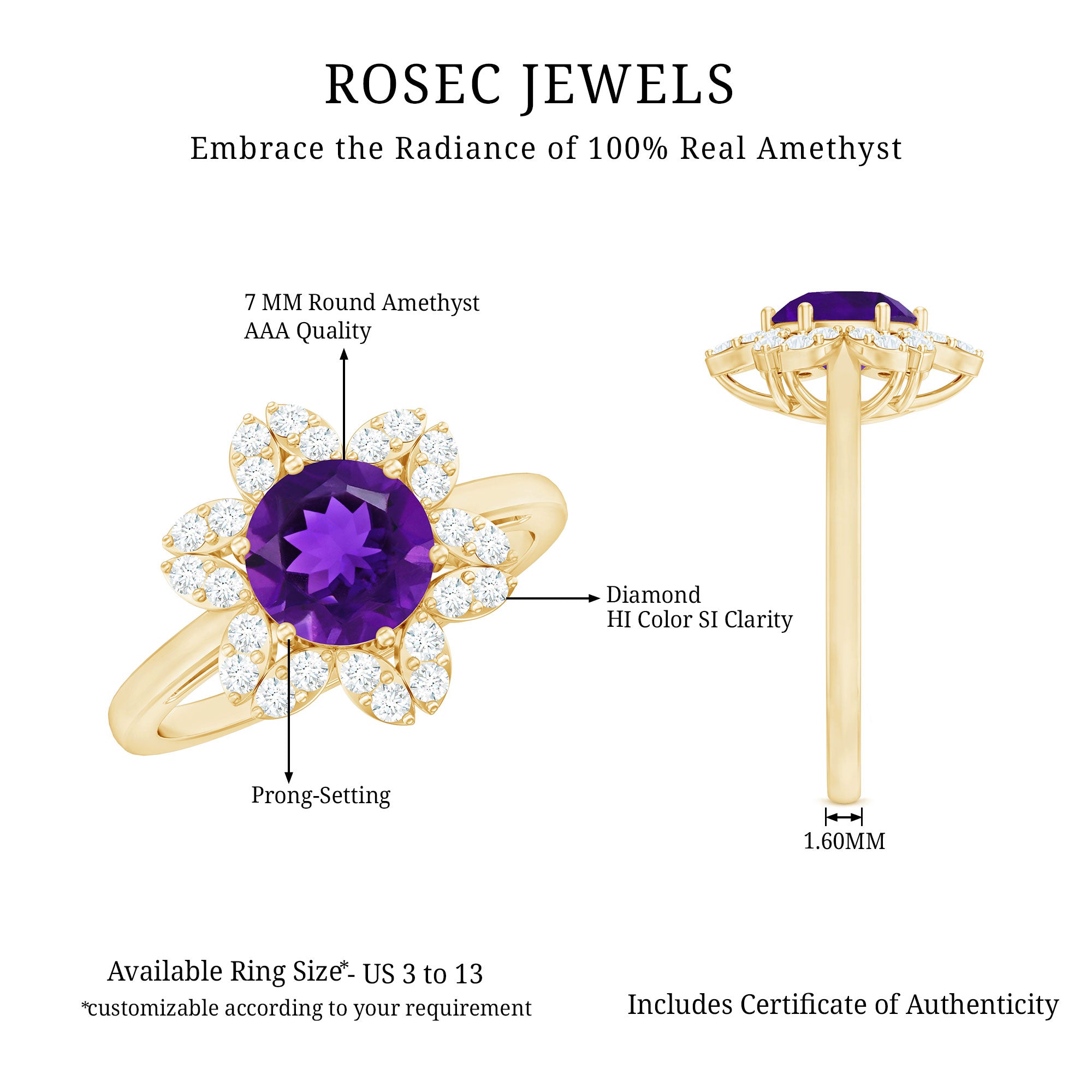 Round Amethyst Flower Engagement Ring with Diamond AAA - Rosec Jewels