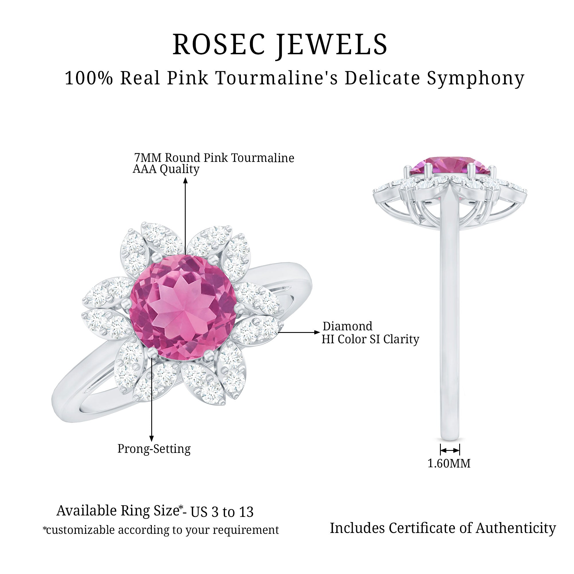Real 1.2 Carat Round Pink Tourmaline Flower Engagement Ring with Diamond AAA - Rosec Jewels