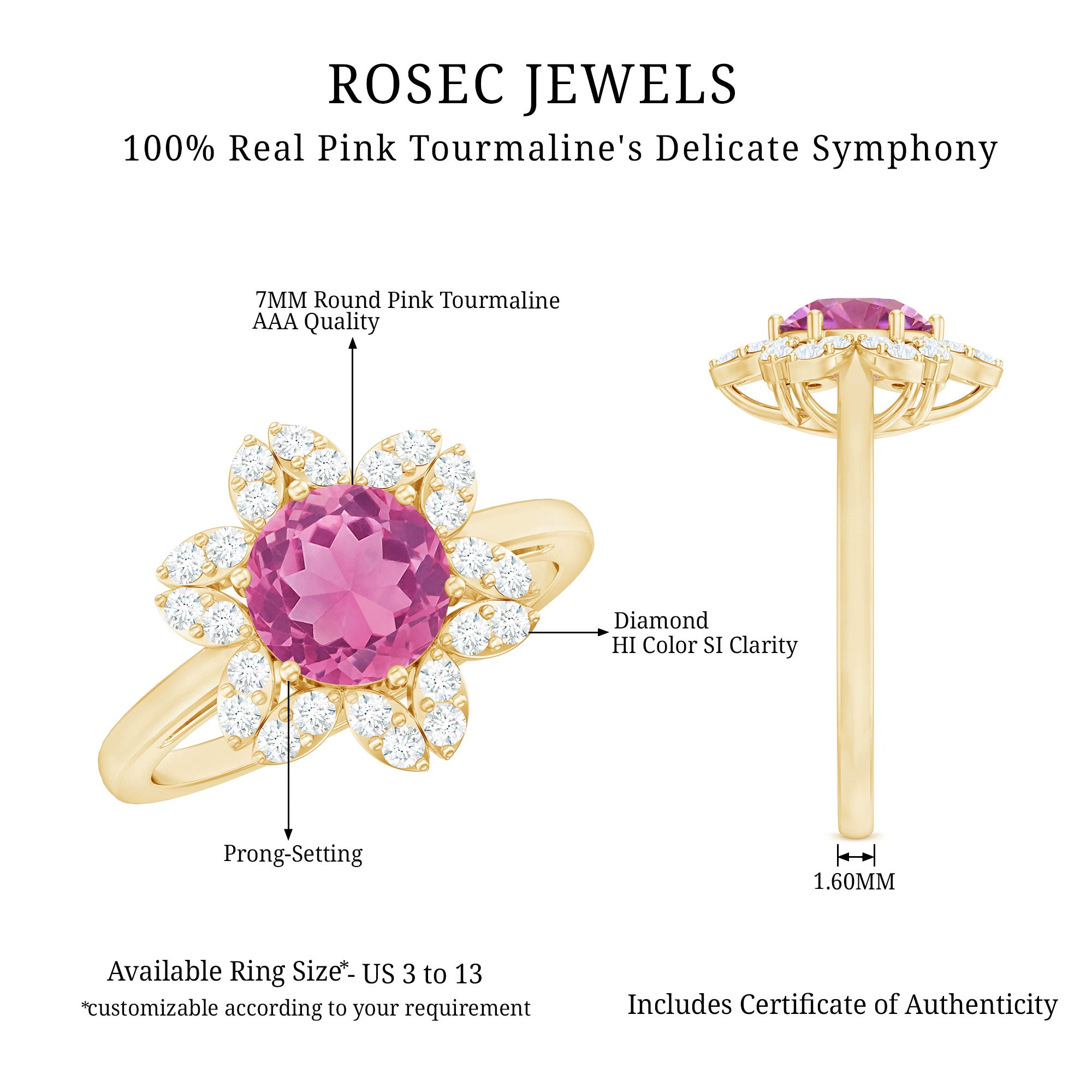 Real 1.2 Carat Round Pink Tourmaline Flower Engagement Ring with Diamond AAA - Rosec Jewels