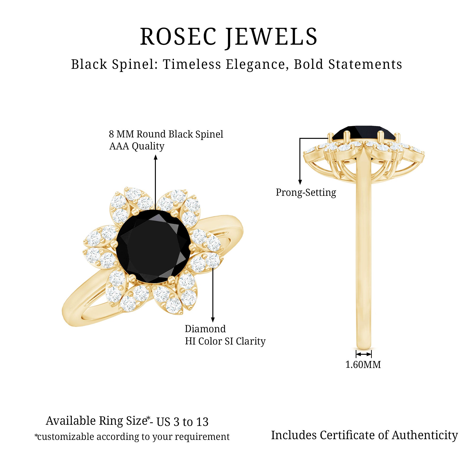 Natural 2.5 Carat Black Spinel Flower Engagement Ring with Diamond AAA - Rosec Jewels