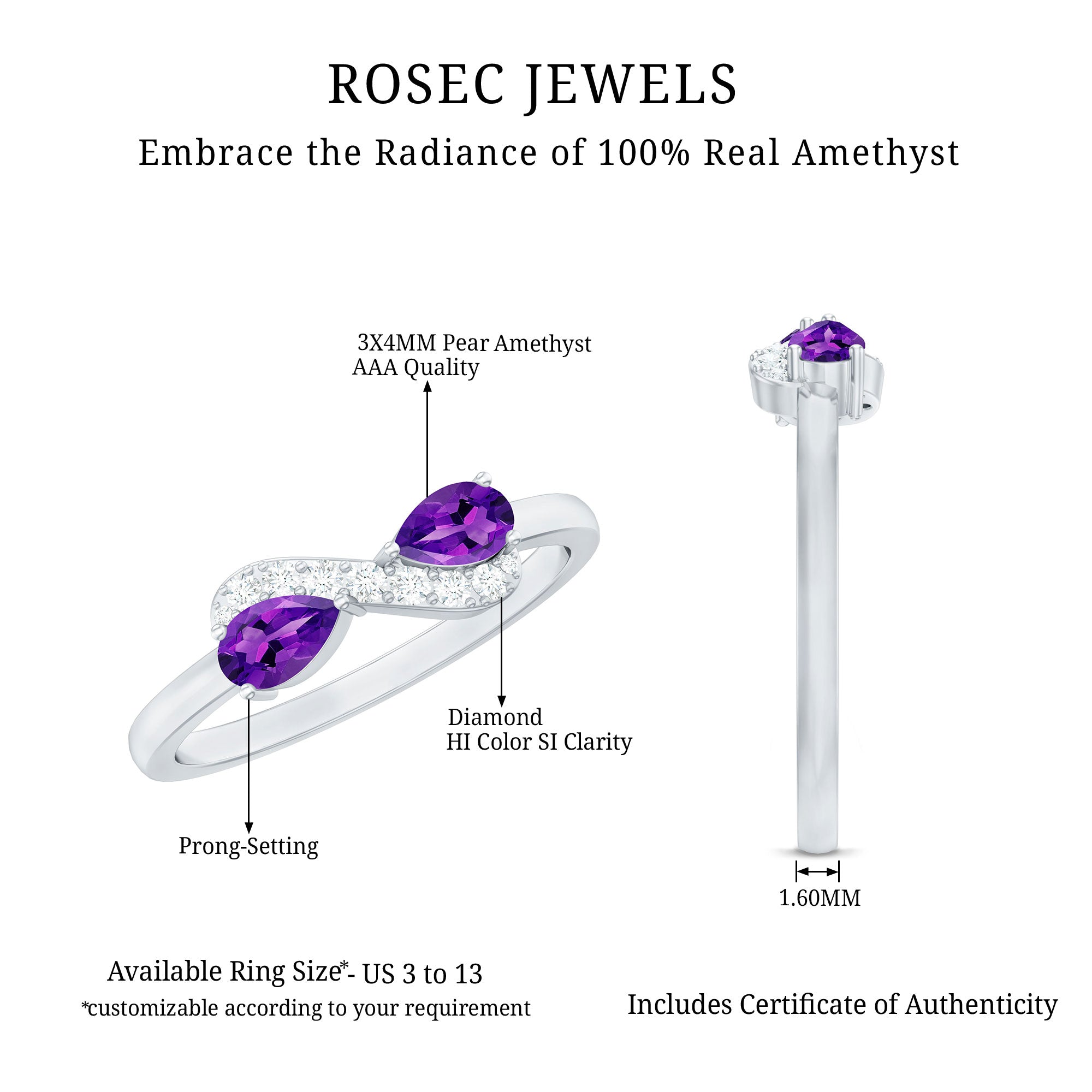 Rosec Jewels-1/2 CT Pear Amethyst Infinity Promise Ring with Diamond