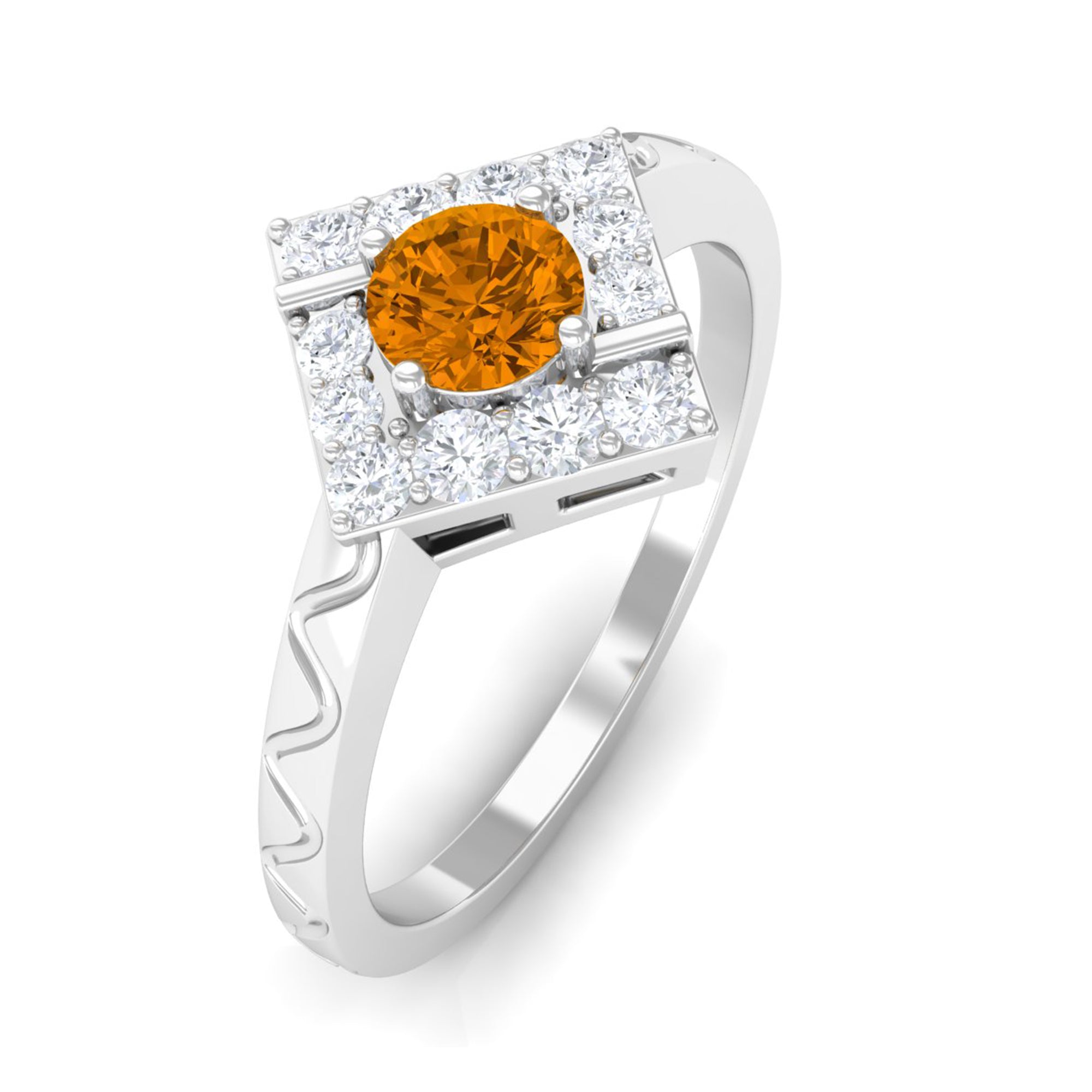 0.50 CT Round Shape Citrine Minimal Textured Ring with Diamond AAA - Rosec Jewels