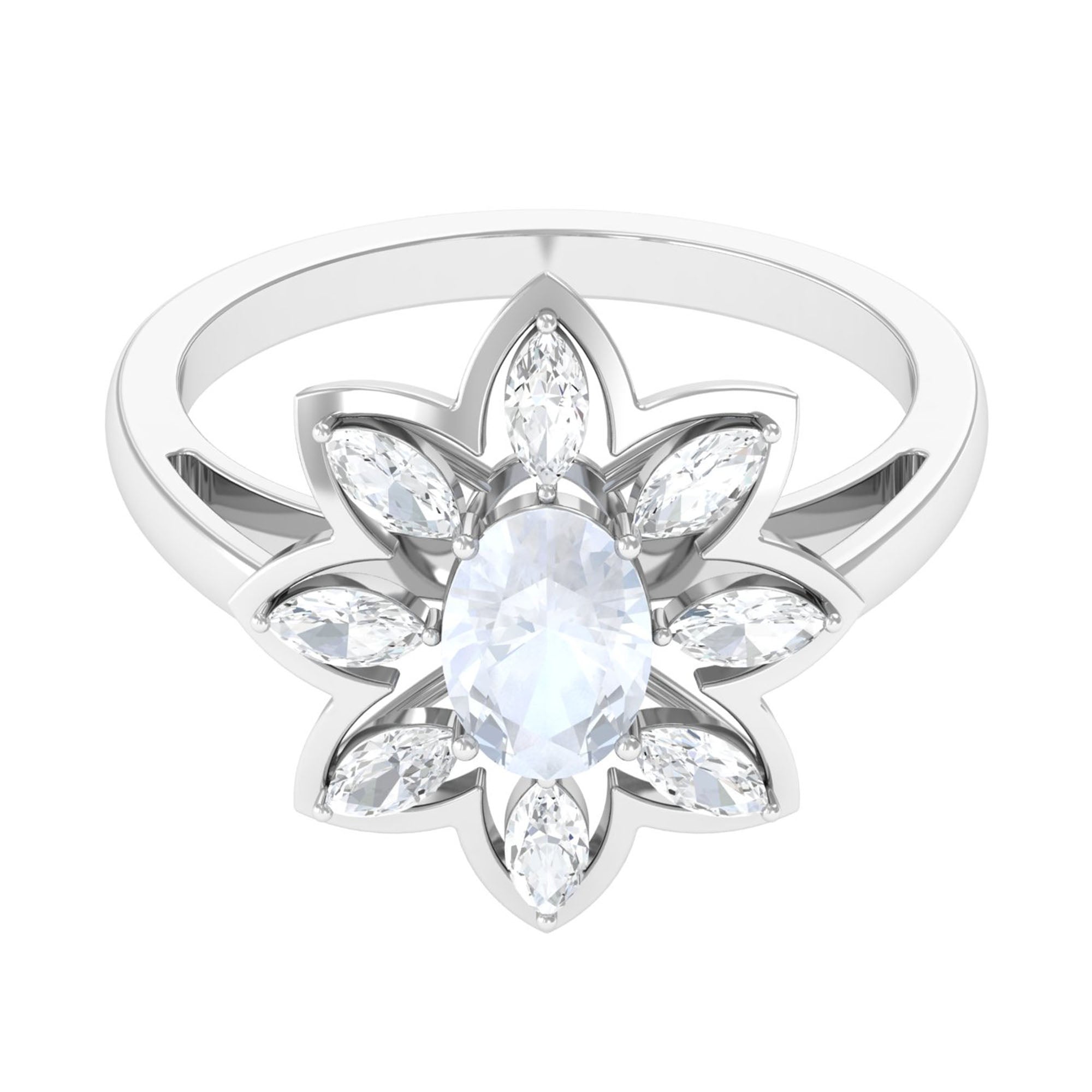 Oval Cut Moonstone and Diamond Flower Cocktail Ring AAA - Rosec Jewels