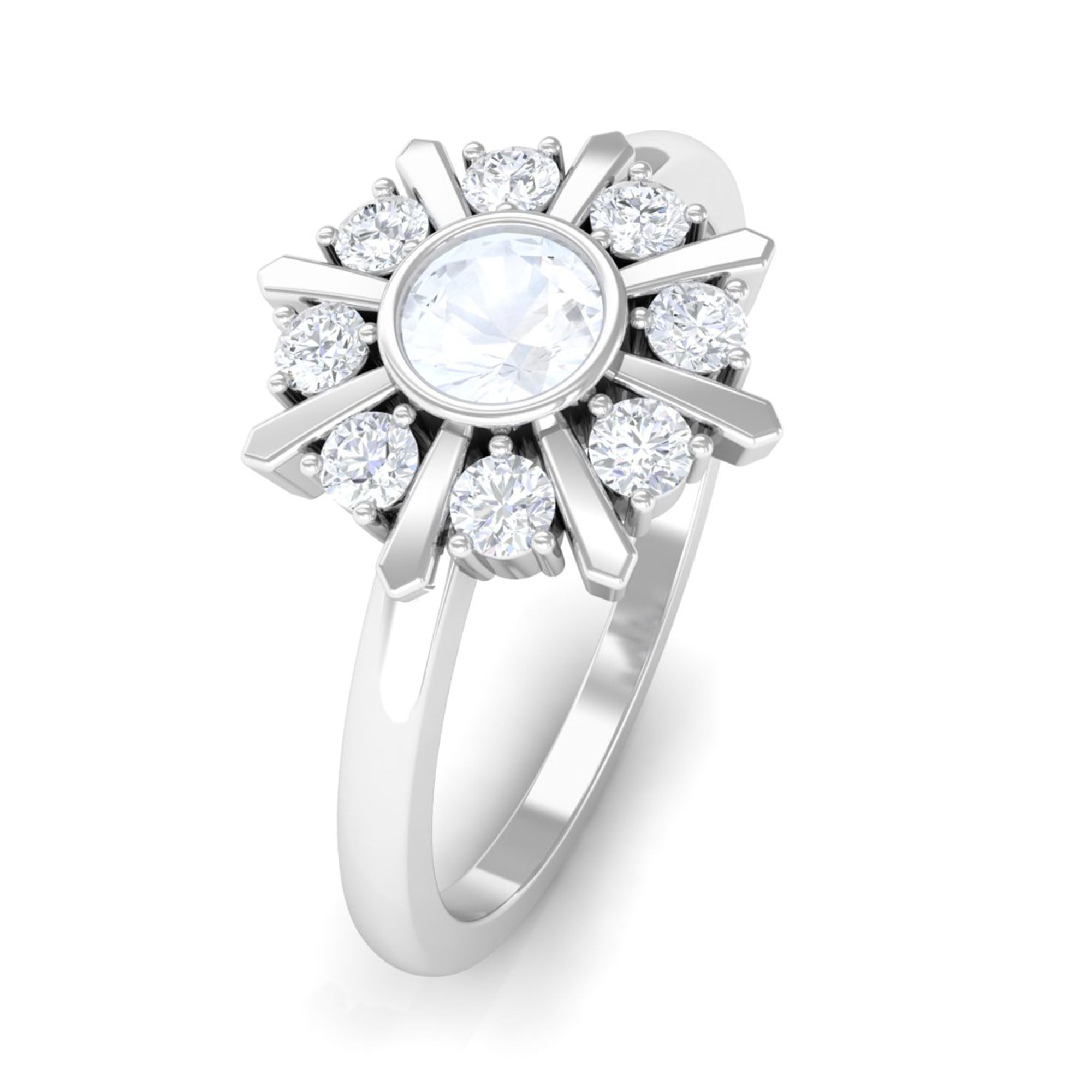 3/4 Carat Bezel Set Moonstone and Diamond Statement Ring AAA - Rosec Jewels