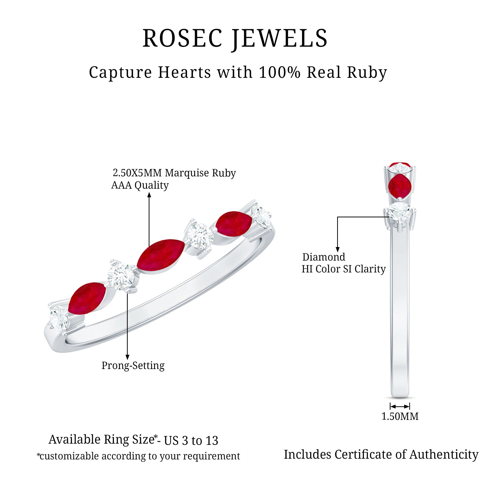 Rosec Jewels-Natural Marquise Ruby Diamond Half Eternity Ring for Anniversary