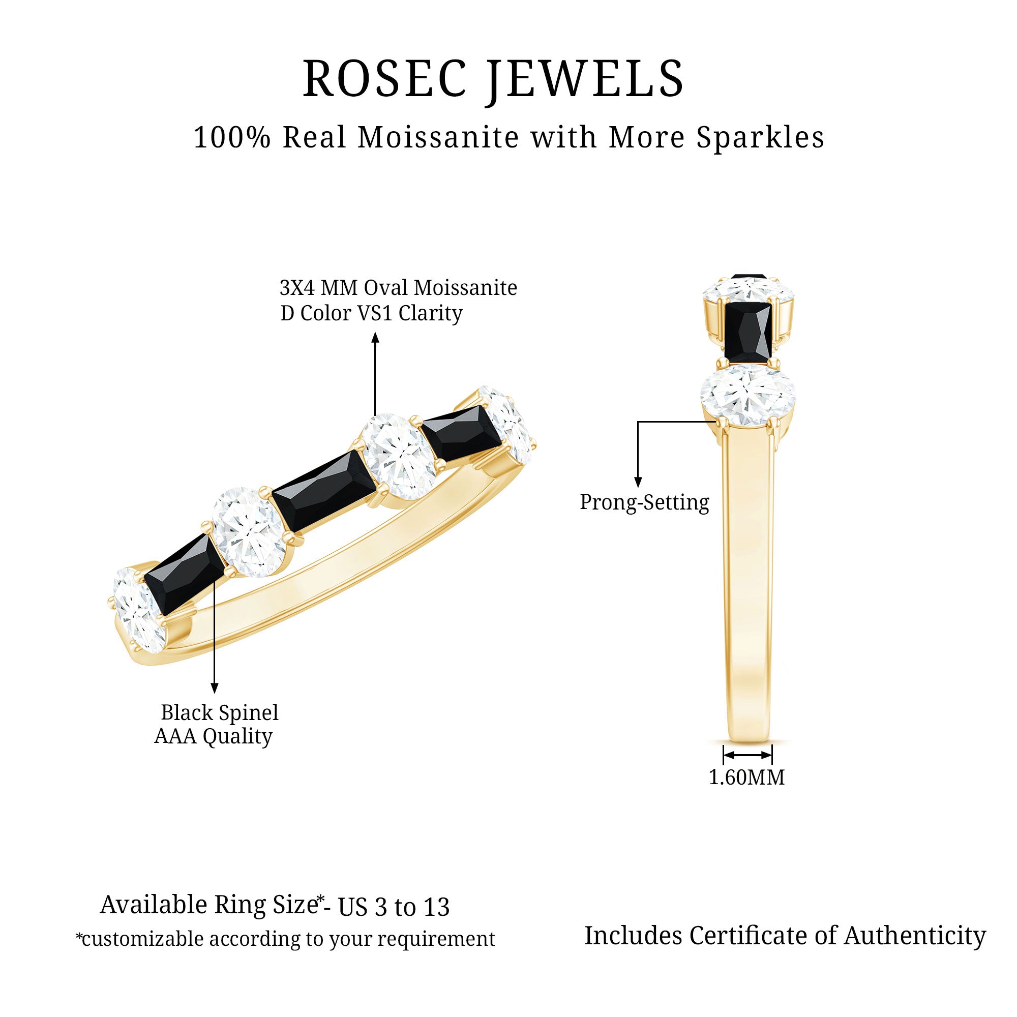 Certified Black Spinel and Moissanite Half Eternity Band Ring AAA - Rosec Jewels