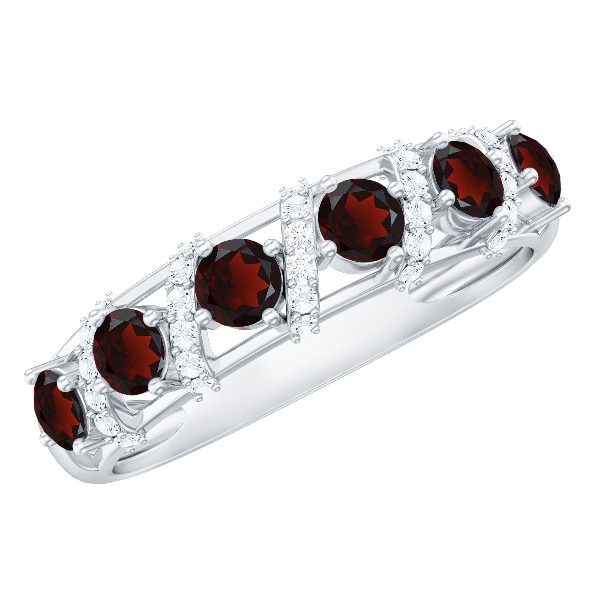 Genuine Red Garnet Diamond Half Eternity Ring for Anniversary