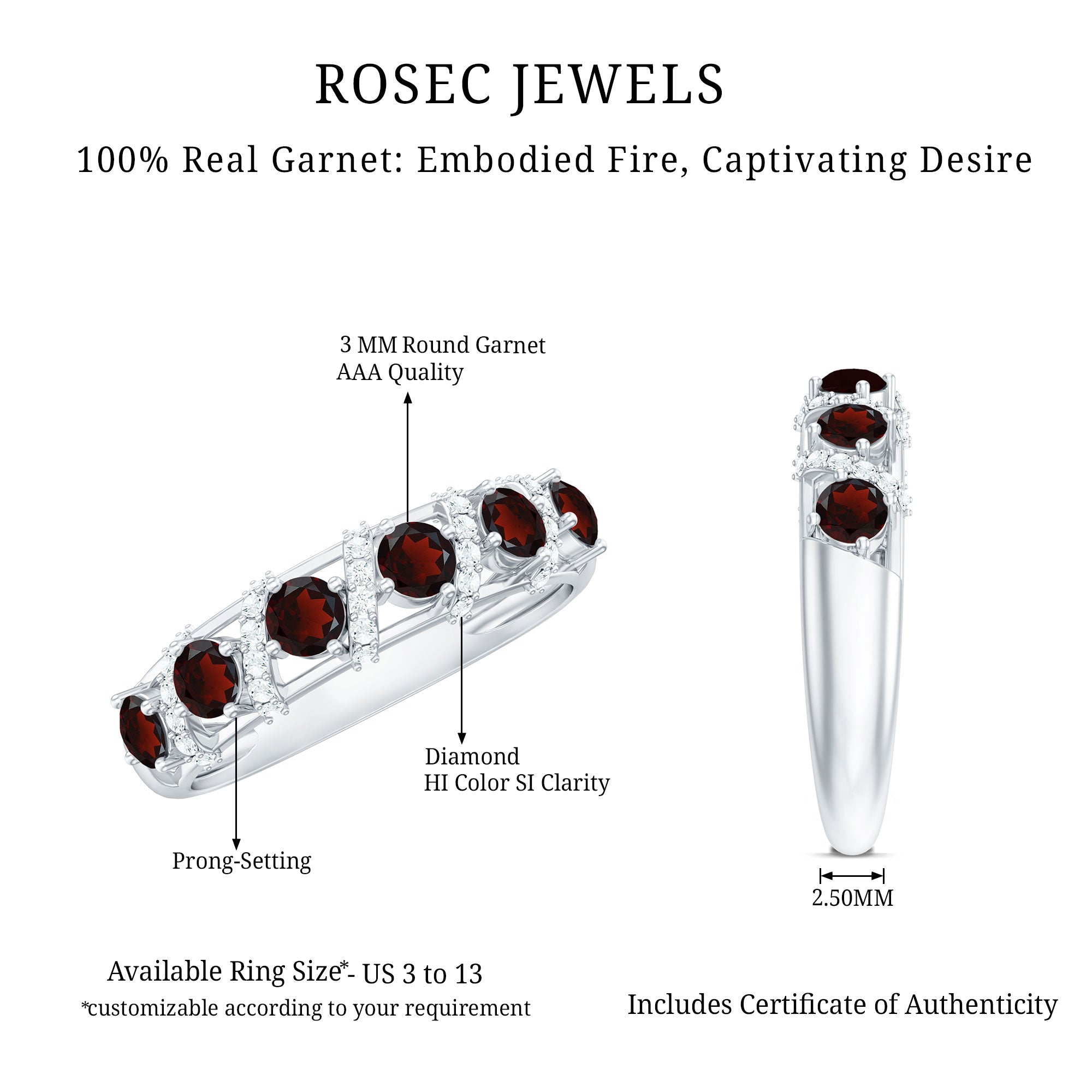 Genuine Red Garnet Diamond Half Eternity Ring for Anniversary AAA - Rosec Jewels