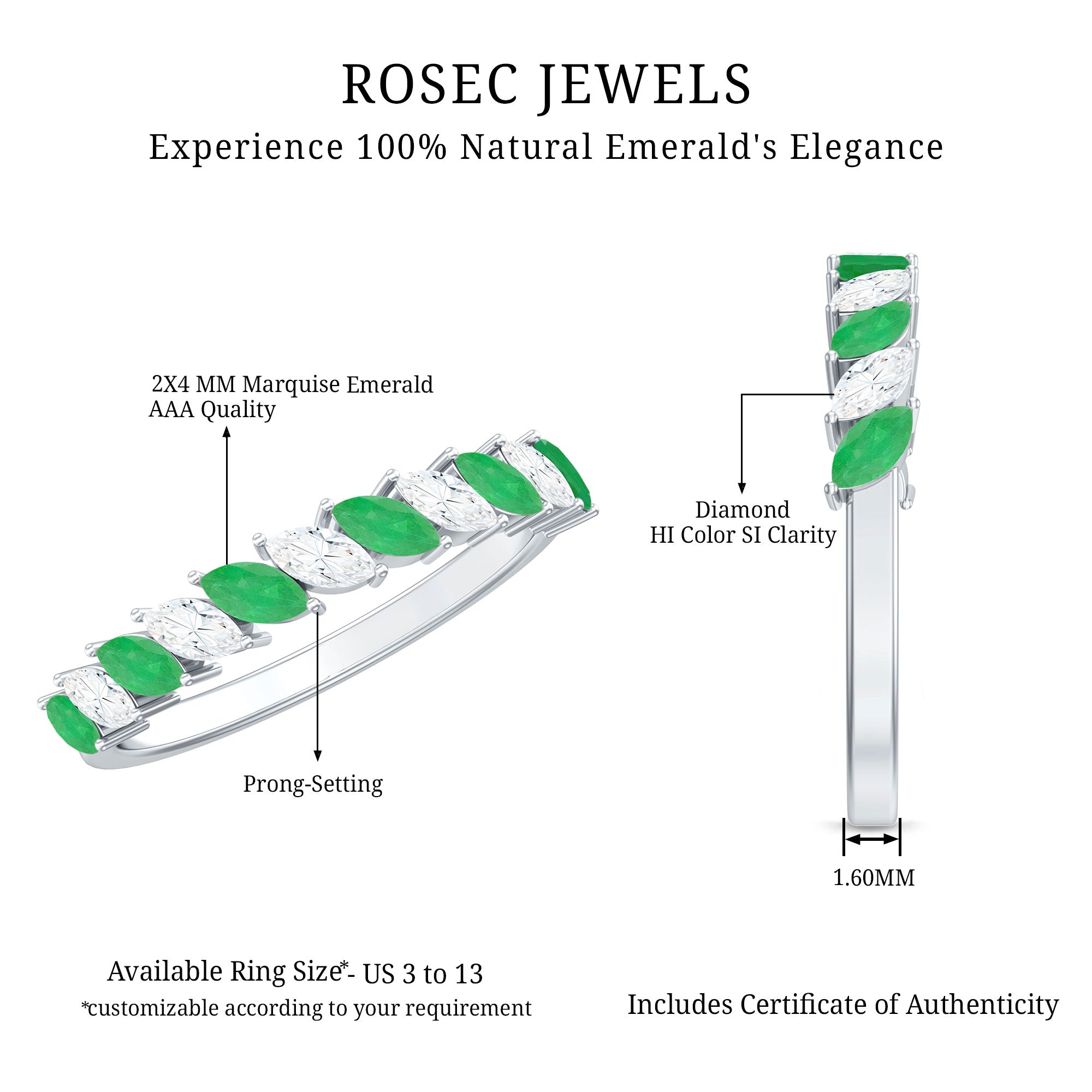 Genuine Marquise Emerald Diamond Half Eternity Ring for Wedding AAA - Rosec Jewels