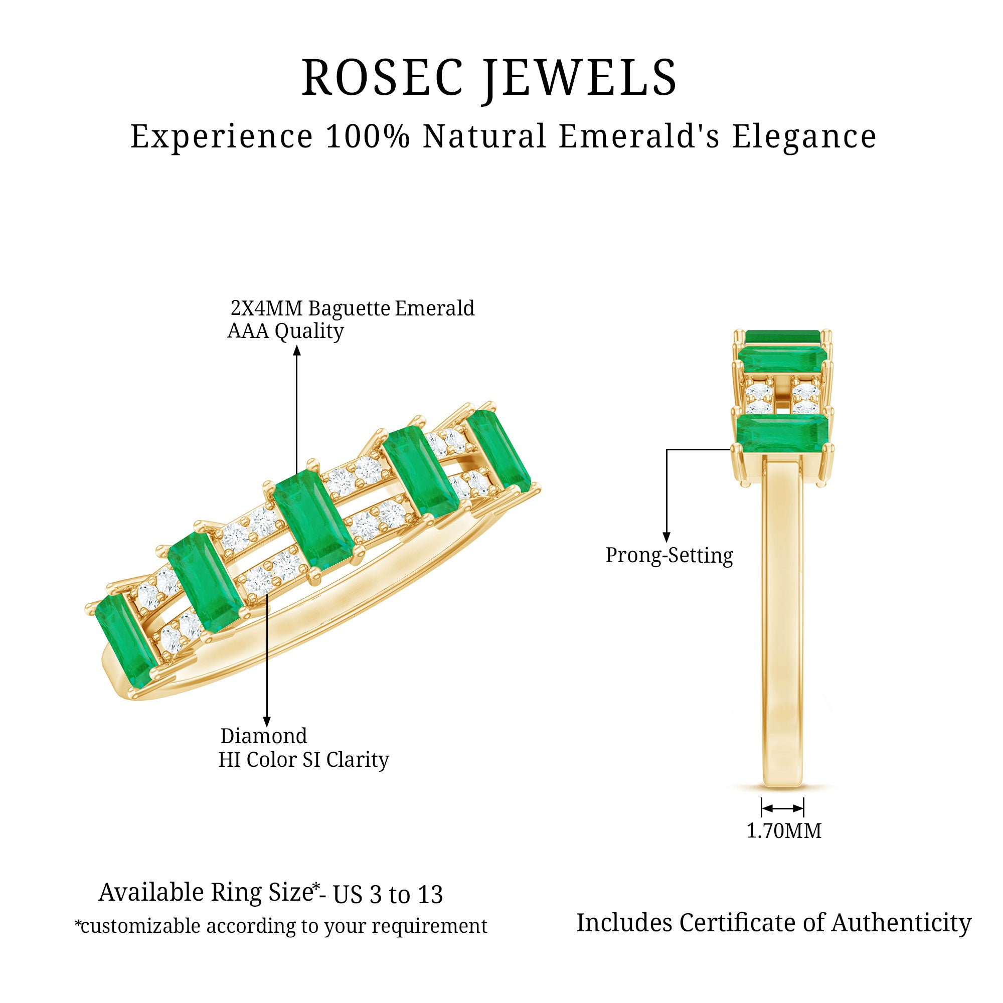 Baguette Cut Emerald and Diamond Half Eternity Band AAA - Rosec Jewels