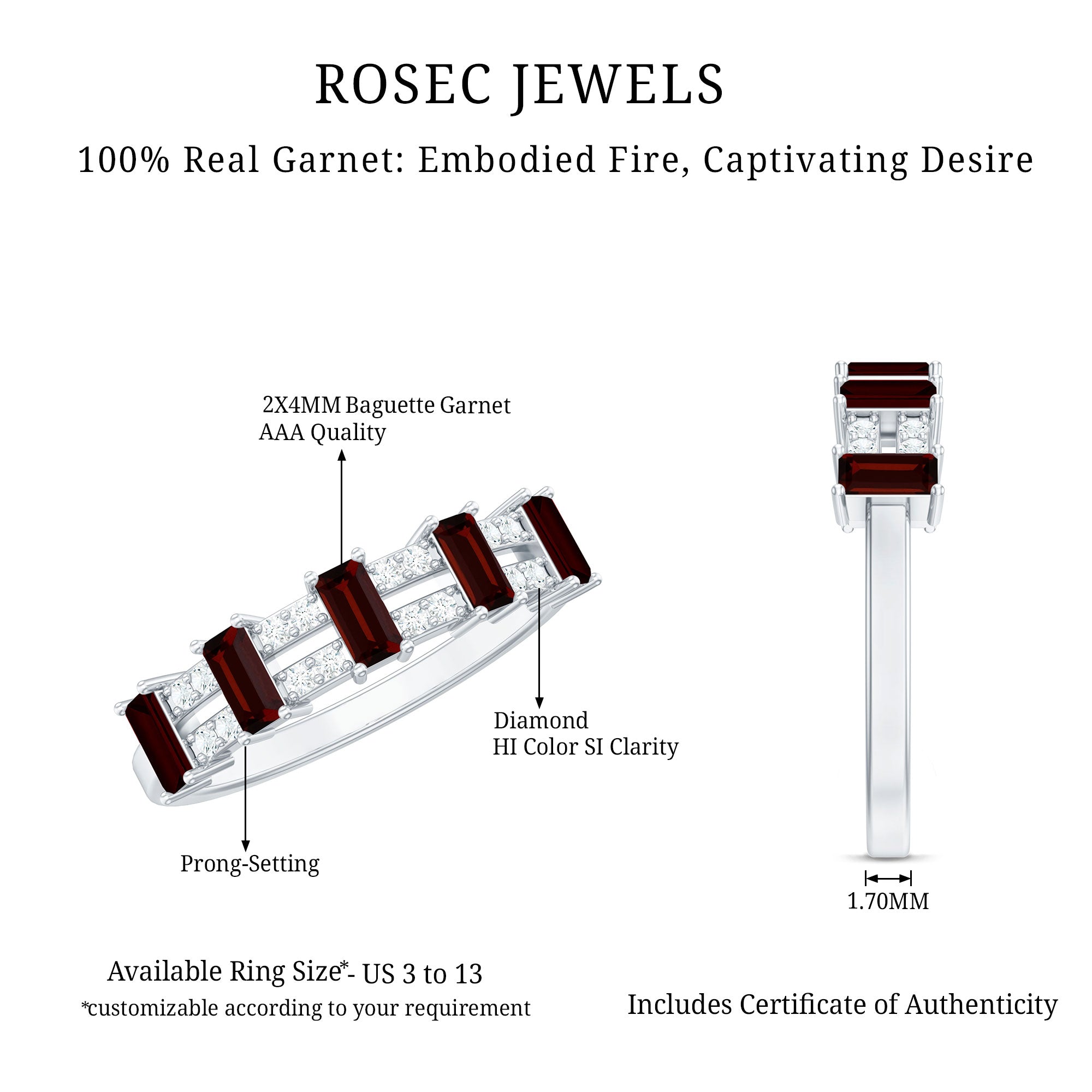 Rosec Jewels-Natural Baguette Garnet Half Eternity Band with Diamond