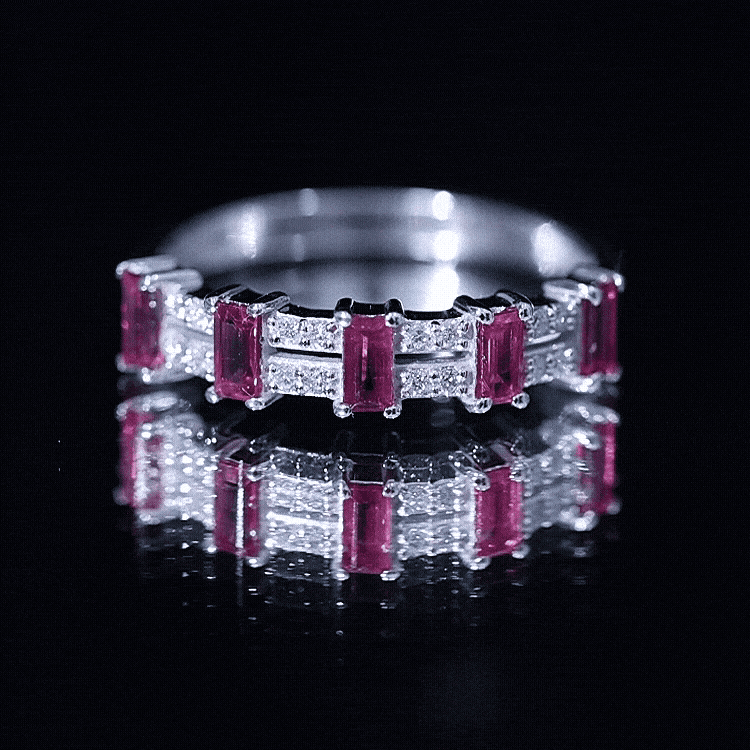Real Baguette Ruby Half Eternity Band Ring with Diamond AAA - Rosec Jewels
