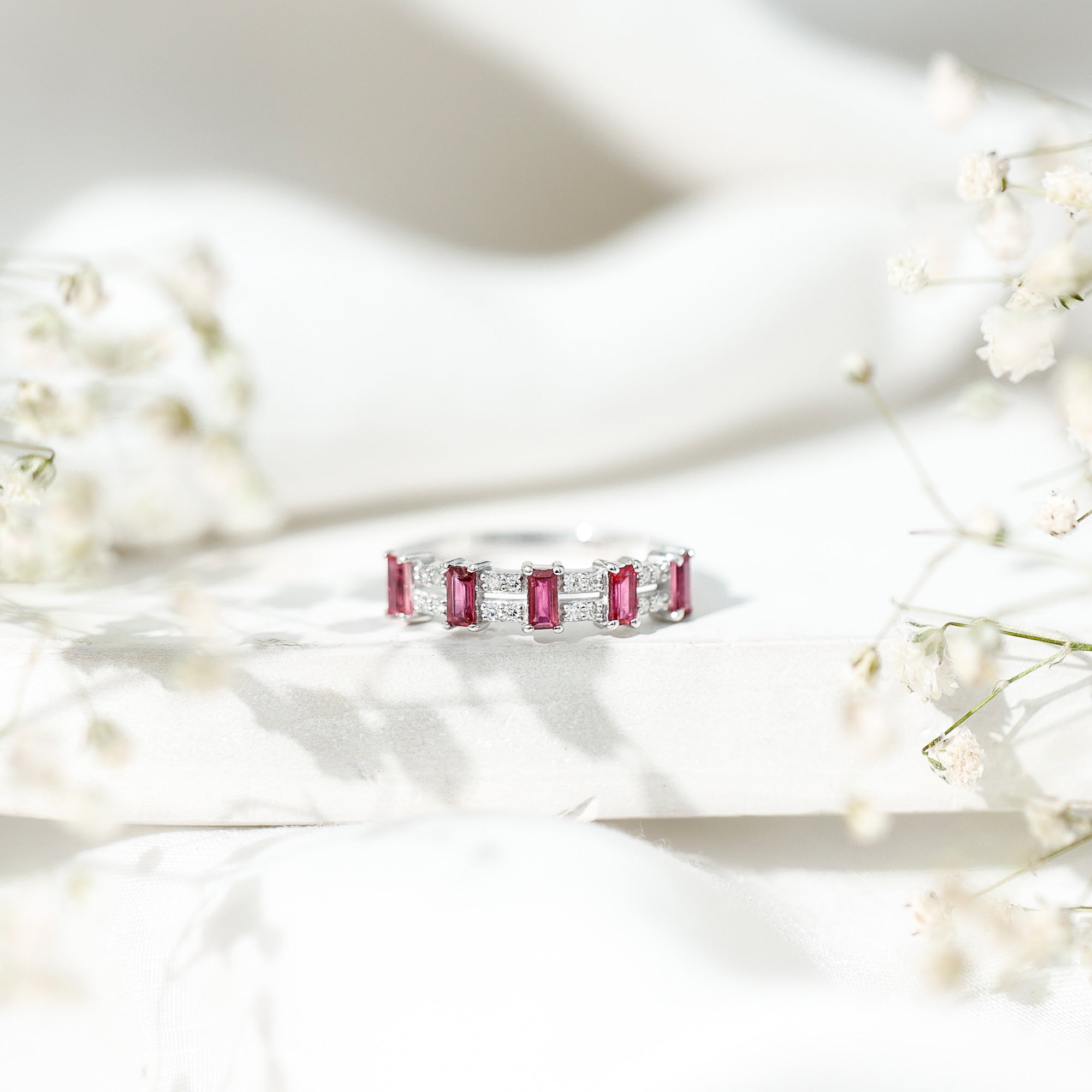 Real Baguette Ruby Half Eternity Band Ring with Diamond AAA - Rosec Jewels