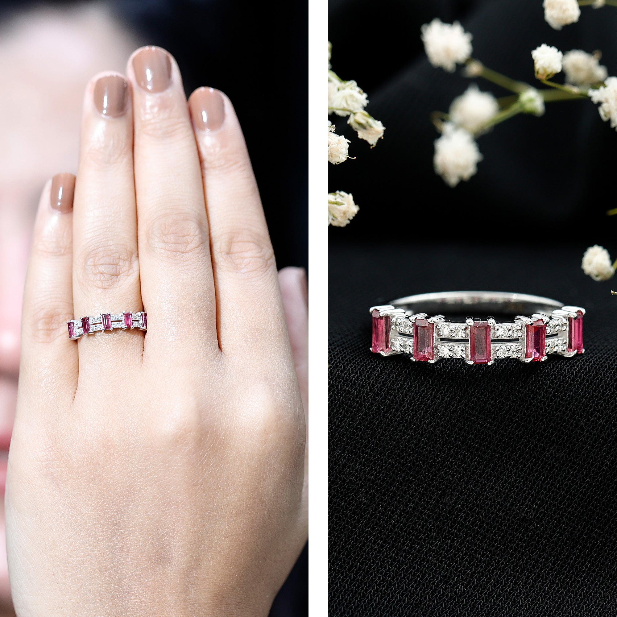 Real Baguette Ruby Half Eternity Band Ring with Diamond AAA - Rosec Jewels