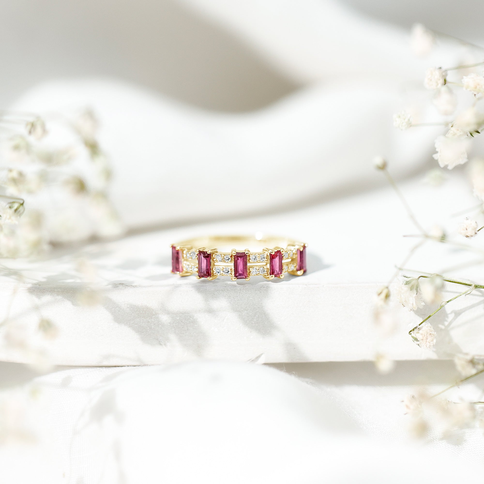 Real Baguette Ruby Half Eternity Band Ring with Diamond AAA - Rosec Jewels