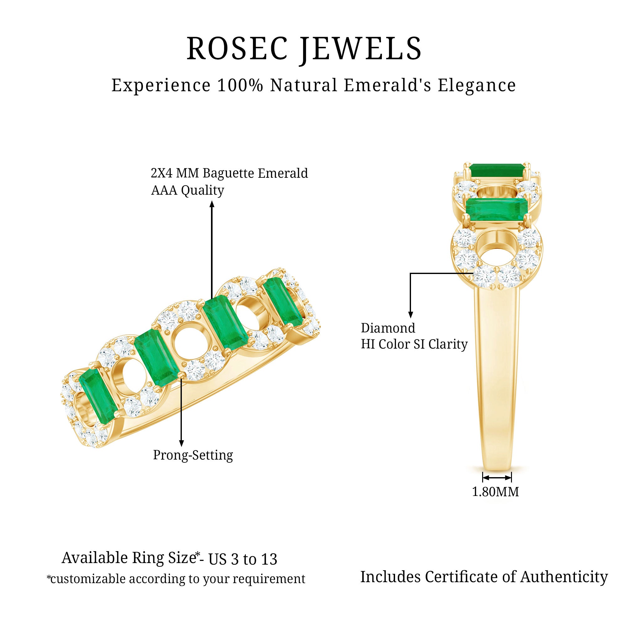 Natural Baguette Emerald Diamond Art Deco Half Eternity Ring AAA - Rosec Jewels