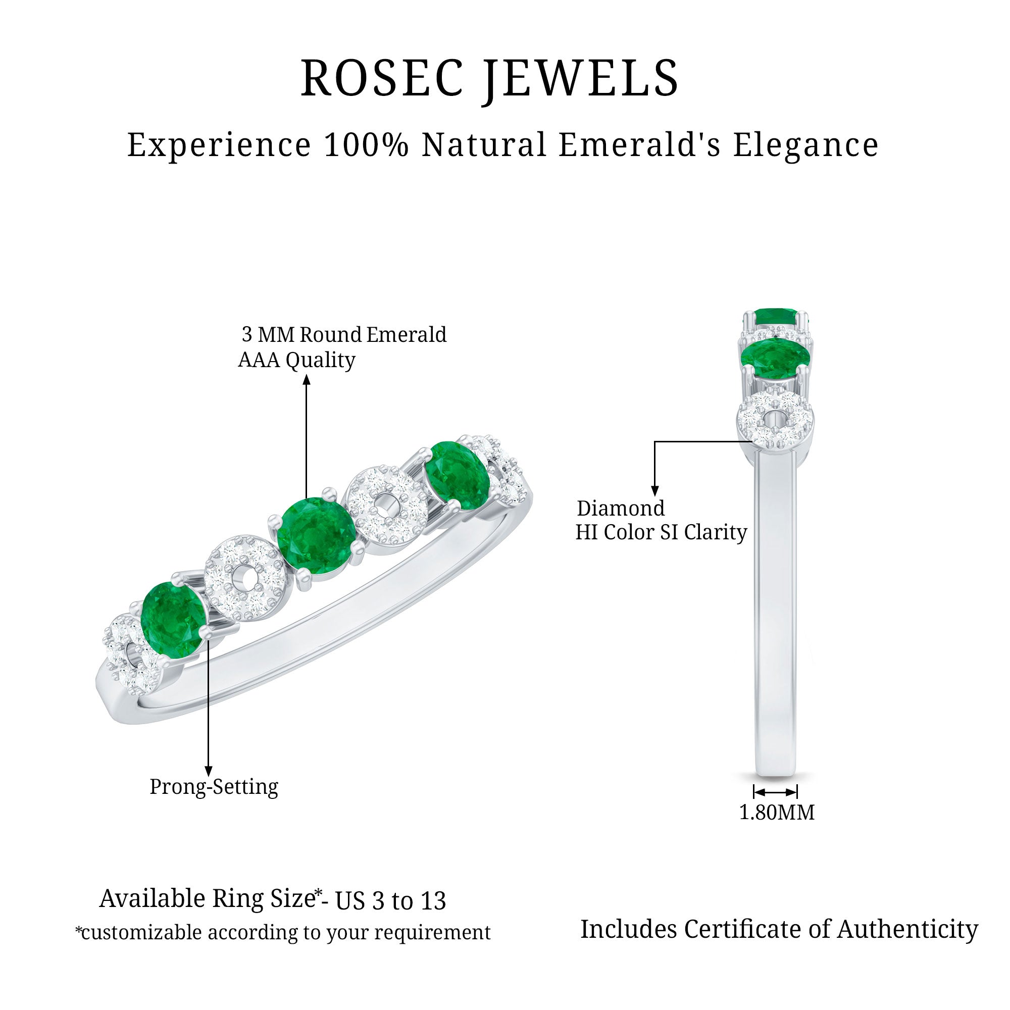 Natural Emerald Diamond Half Eternity Anniversary Ring with Certificate AAA - Rosec Jewels