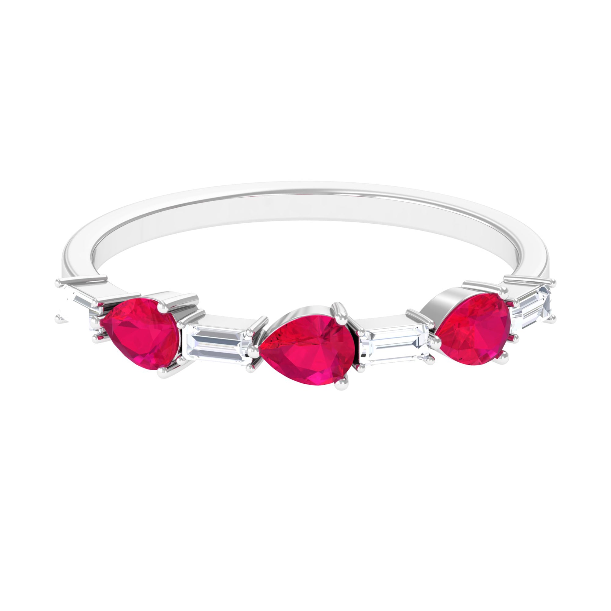East West Style Pear Shape Ruby Half Eternity Ring with Baguette Diamond AAA - Rosec Jewels