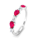 East West Style Pear Shape Ruby Half Eternity Ring with Baguette Diamond AAA - Rosec Jewels