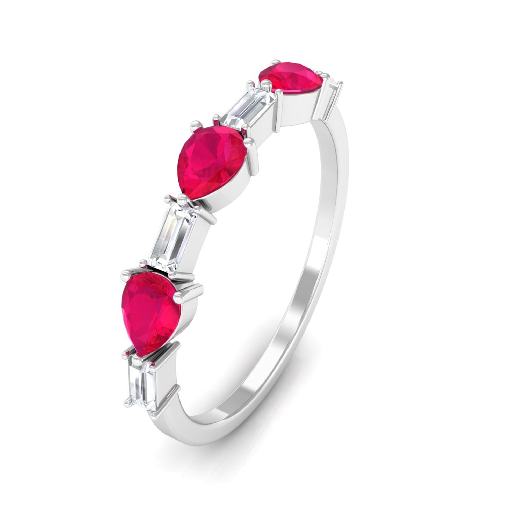 East West Style Pear Shape Ruby Half Eternity Ring with Baguette Diamond AAA - Rosec Jewels