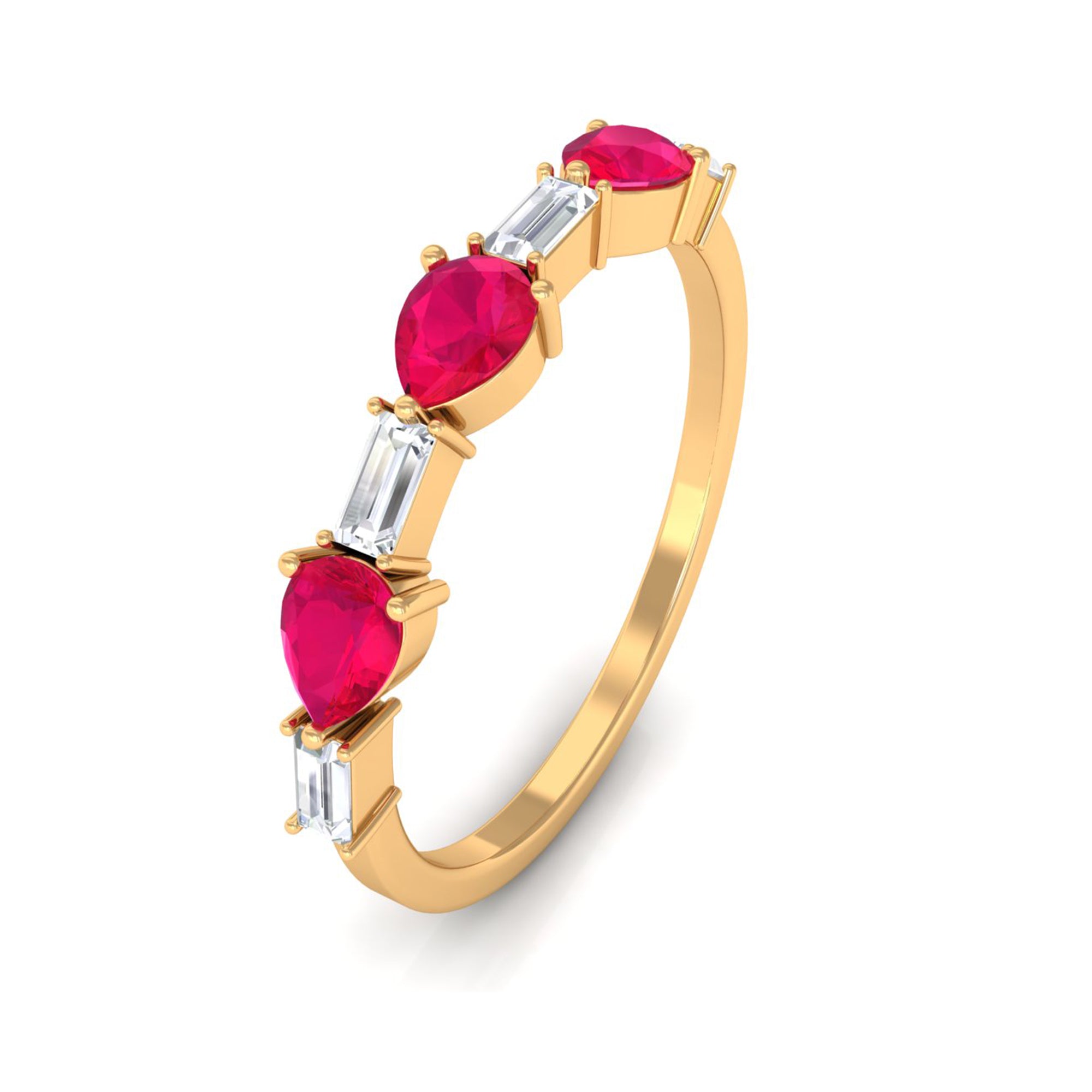 East West Style Pear Shape Ruby Half Eternity Ring with Baguette Diamond AAA - Rosec Jewels