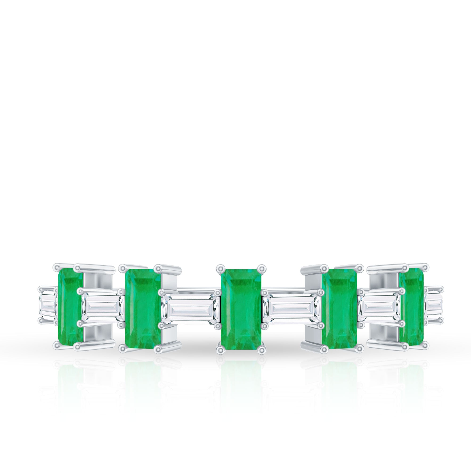 Genuine Baguette Emerald Half Eternity Ring with Moissanite AAA - Rosec Jewels