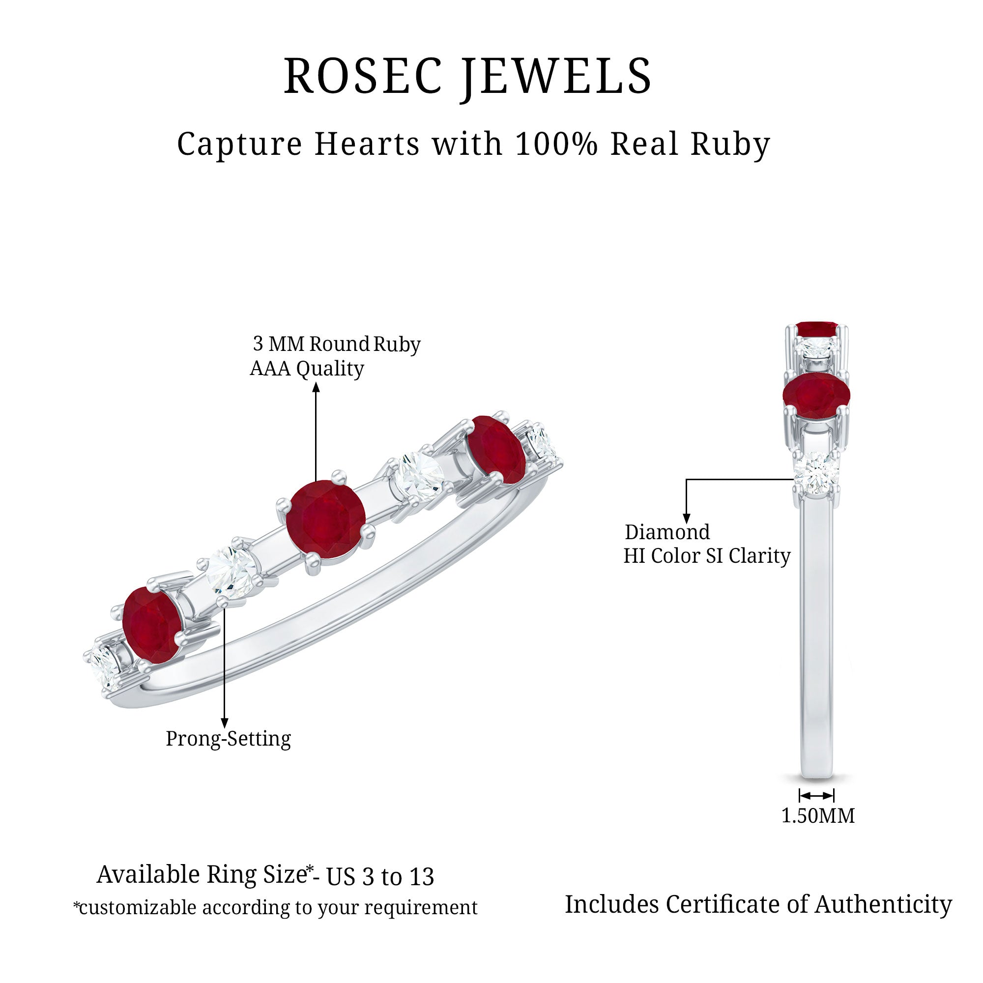 Natural Ruby Half Eternity Anniversary Ring with Diamond AAA - Rosec Jewels