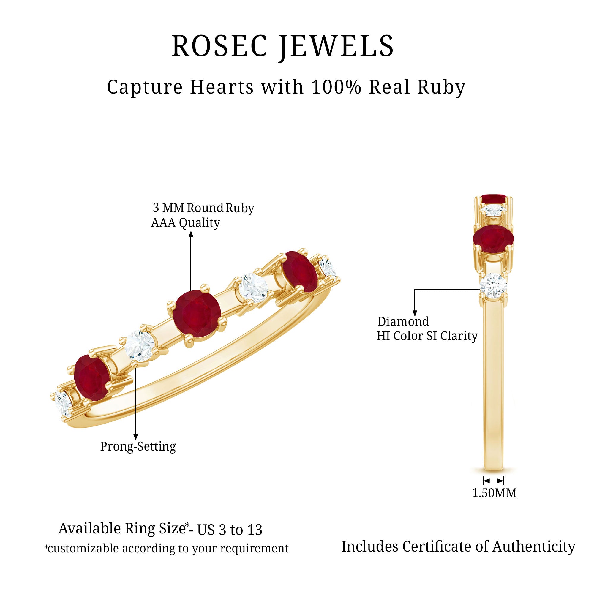 Natural Ruby Half Eternity Anniversary Ring with Diamond AAA - Rosec Jewels