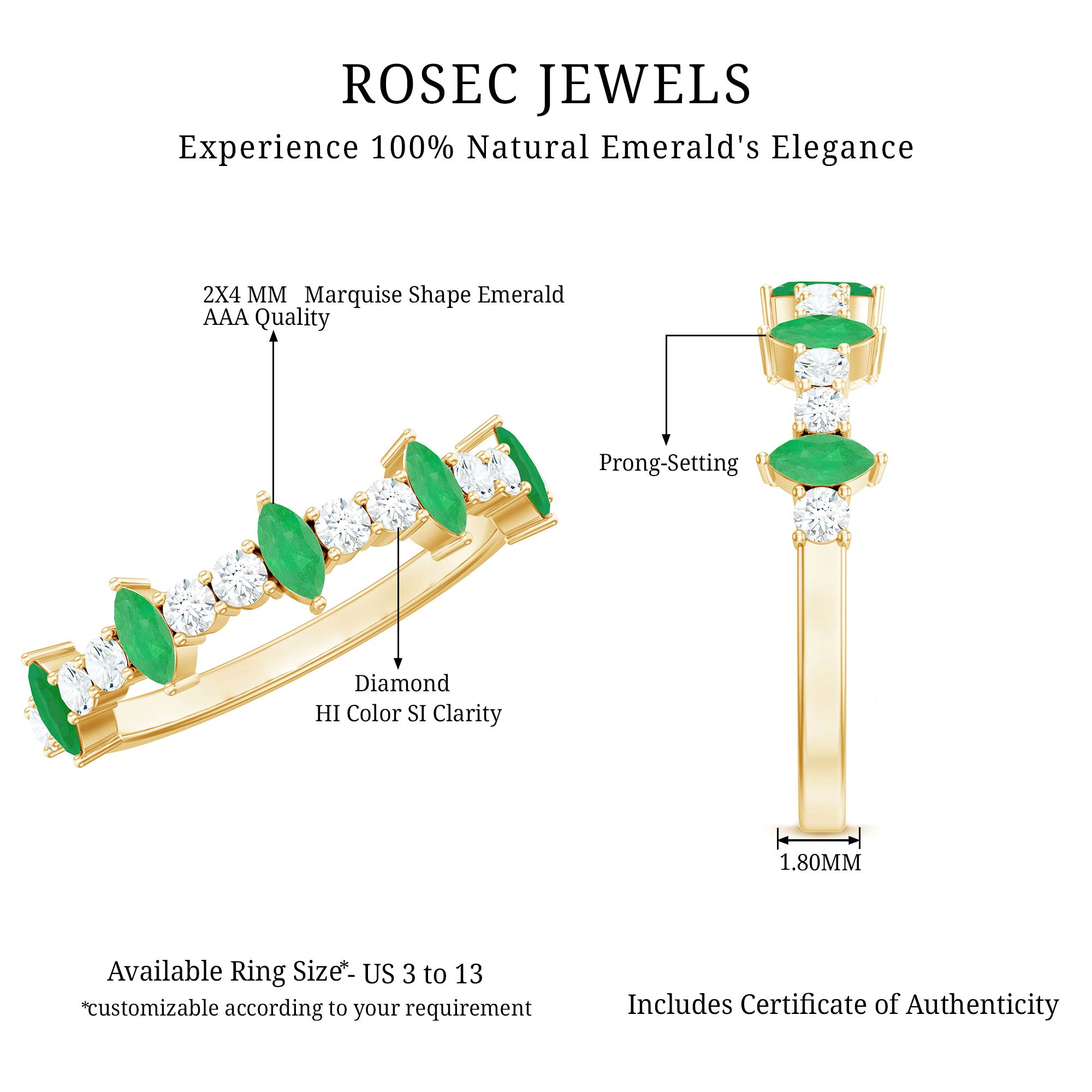 Natural Marquise Emerald Diamond Half Eternity Anniversary Ring with Certificate AAA - Rosec Jewels
