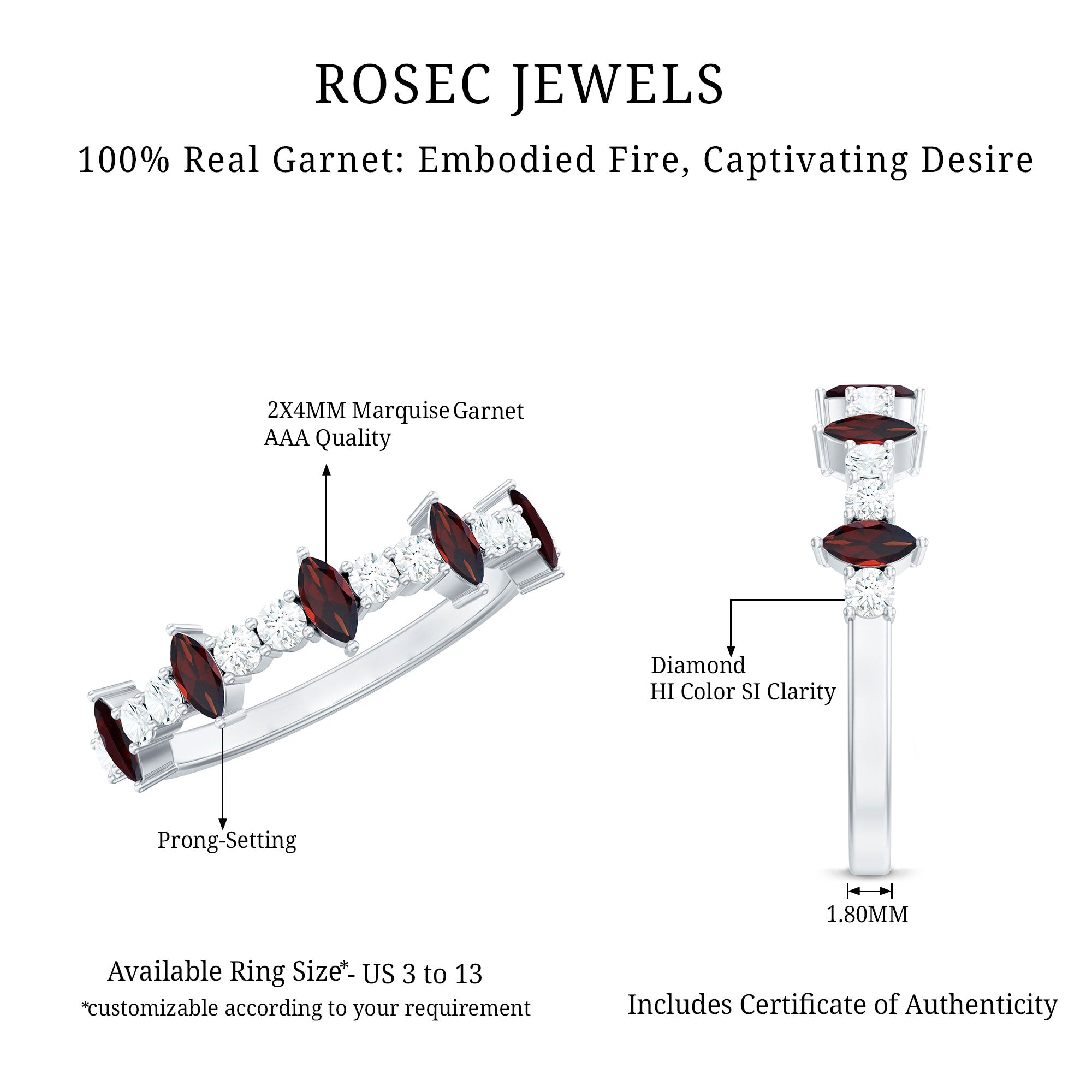 Natural Marquise Garnet Half Eternity Ring with Diamond AAA - Rosec Jewels