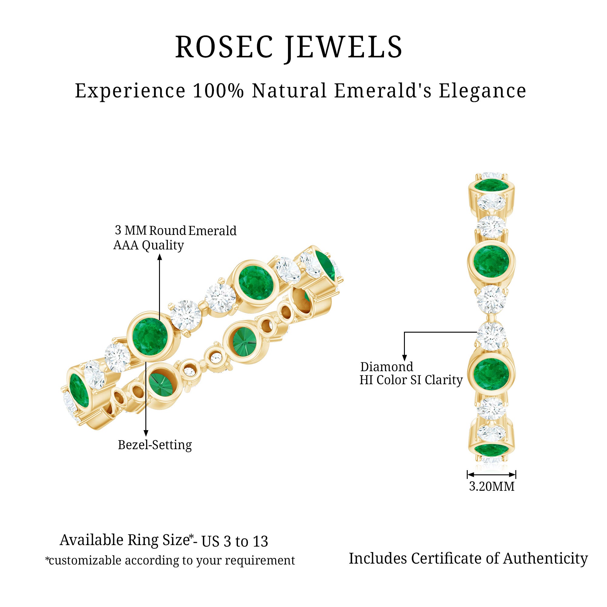 Natural Emerald Diamond Eternity Ring with Certificate AAA - Rosec Jewels