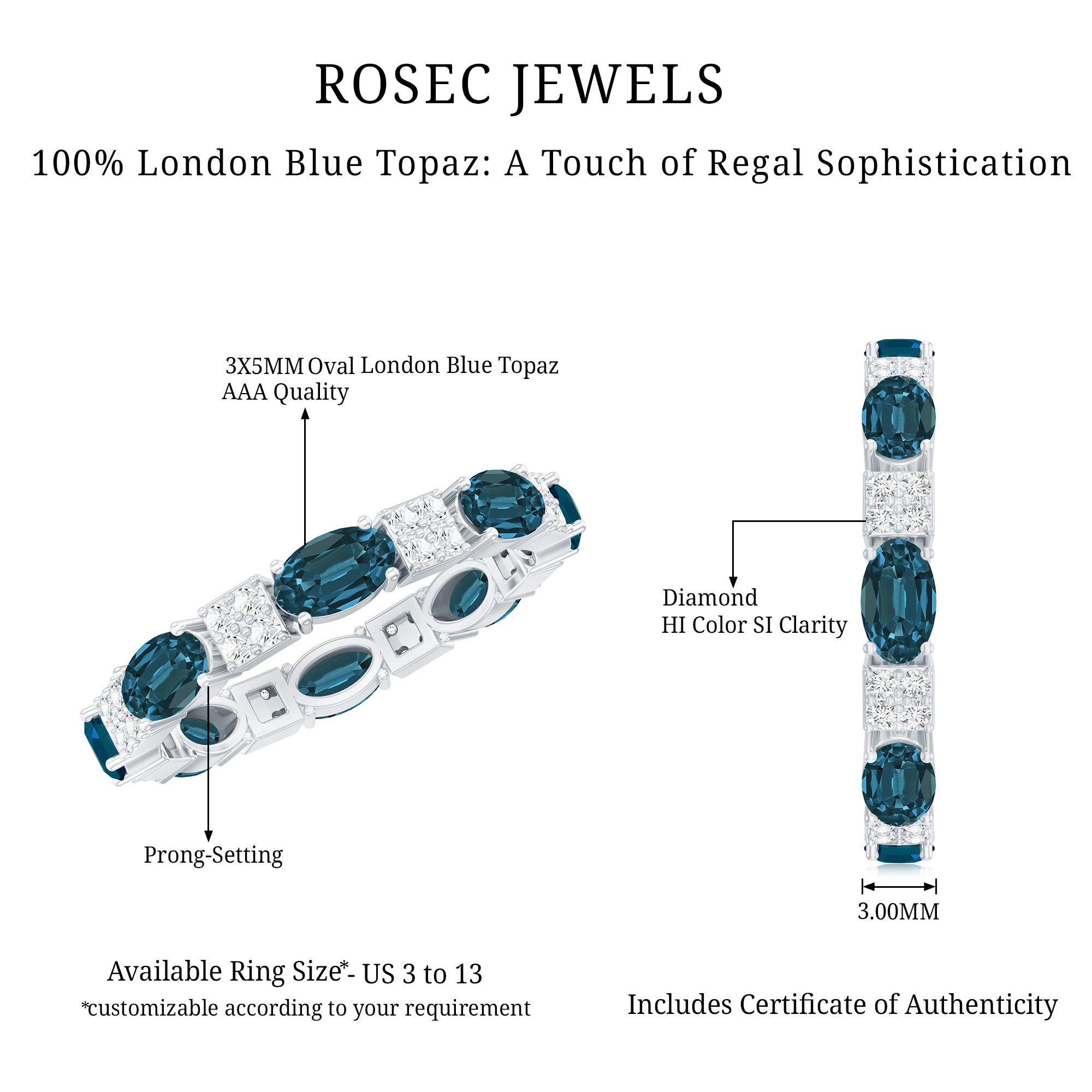 Oval London Blue Topaz Full Eternity Band Ring with Diamond AAA - Rosec Jewels