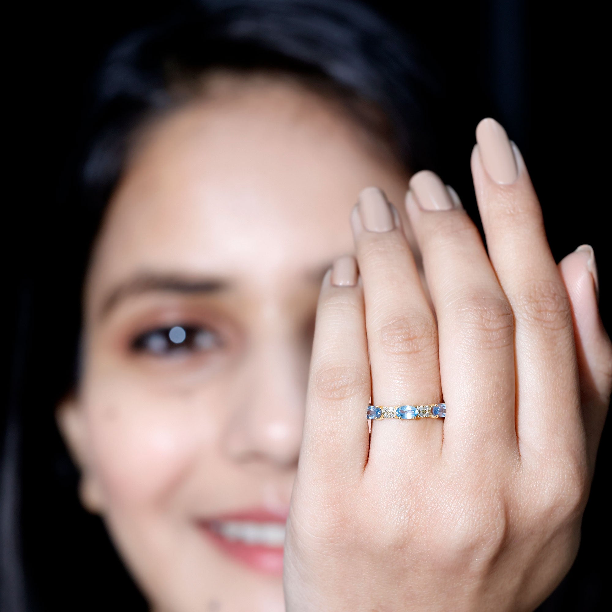 Real Aquamarine and Diamond Full Eternity Ring AAA - Rosec Jewels