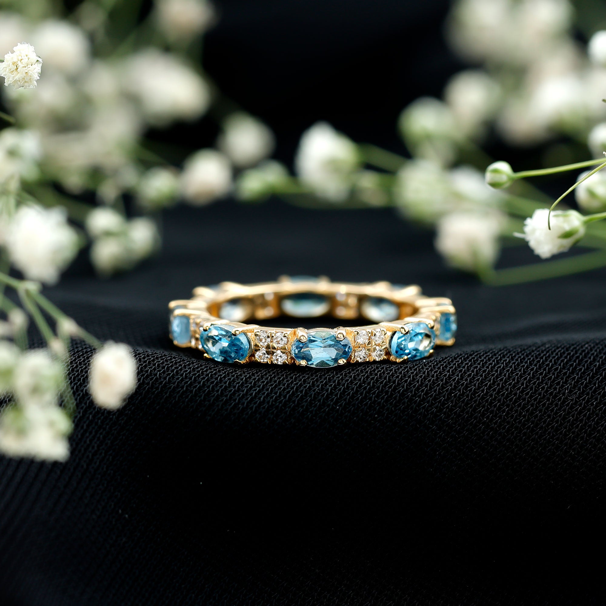 Real Aquamarine and Diamond Full Eternity Ring AAA - Rosec Jewels