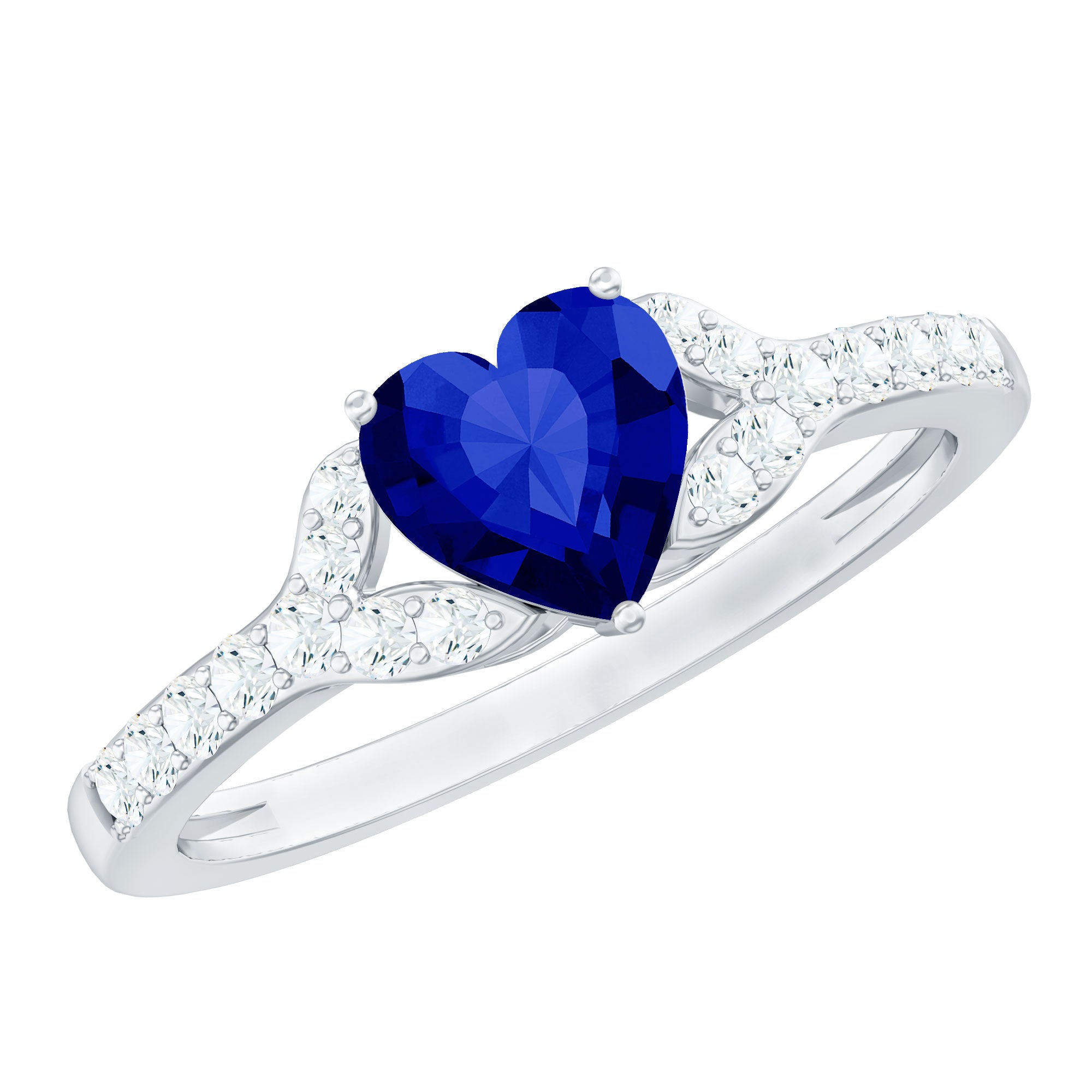 Created Blue Sapphire Heart Engagement Ring With Diamond Accent