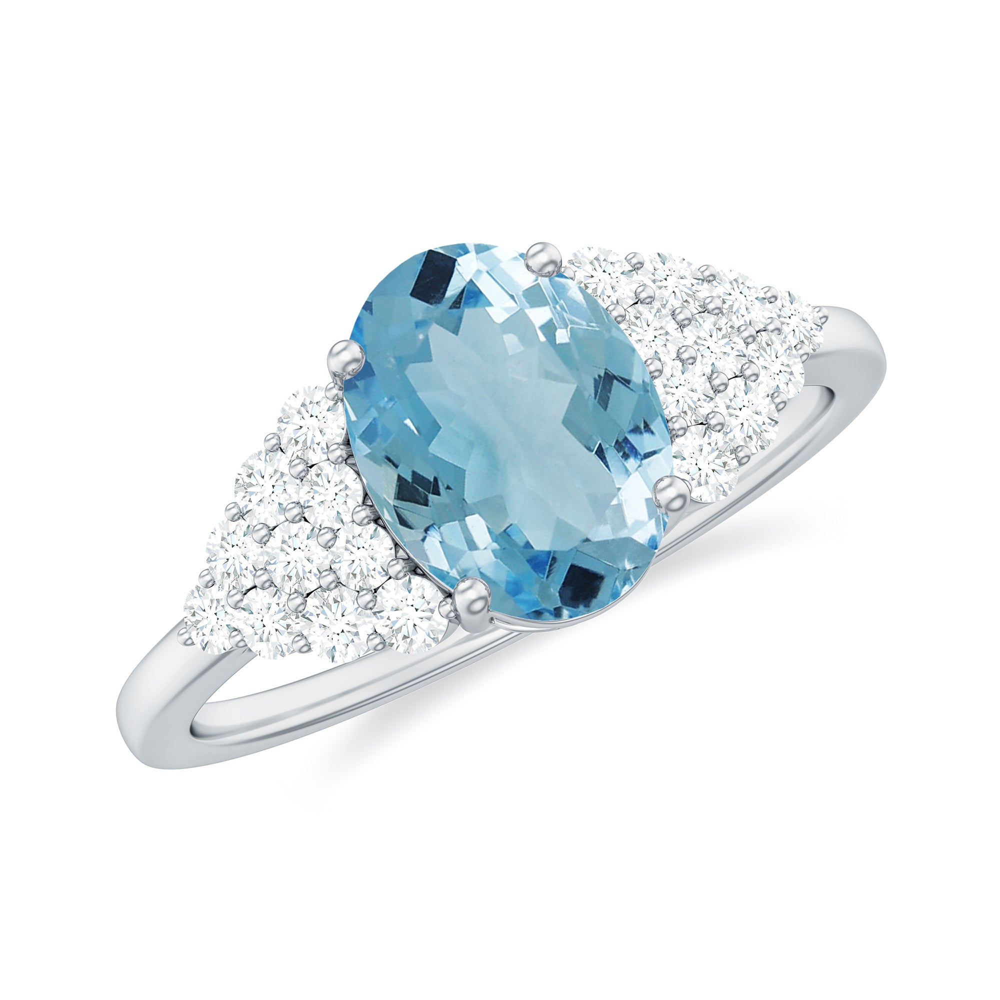 Solitaire 1 Carat Aquamarine Oval Engagement Ring with Diamond Cluster AAA - Rosec Jewels