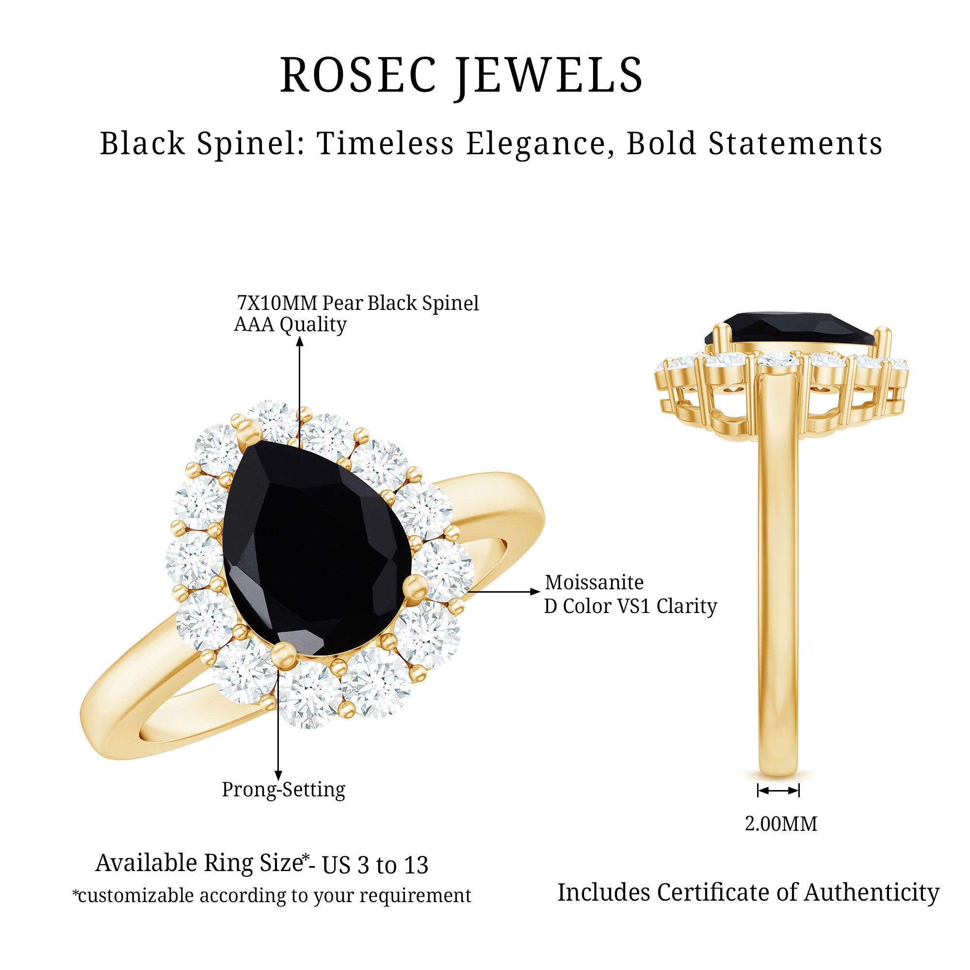 Certified Genuine 1.7 Carat Black Spinel Teardrop Engagement Ring with Diamond Halo AAA - Rosec Jewels