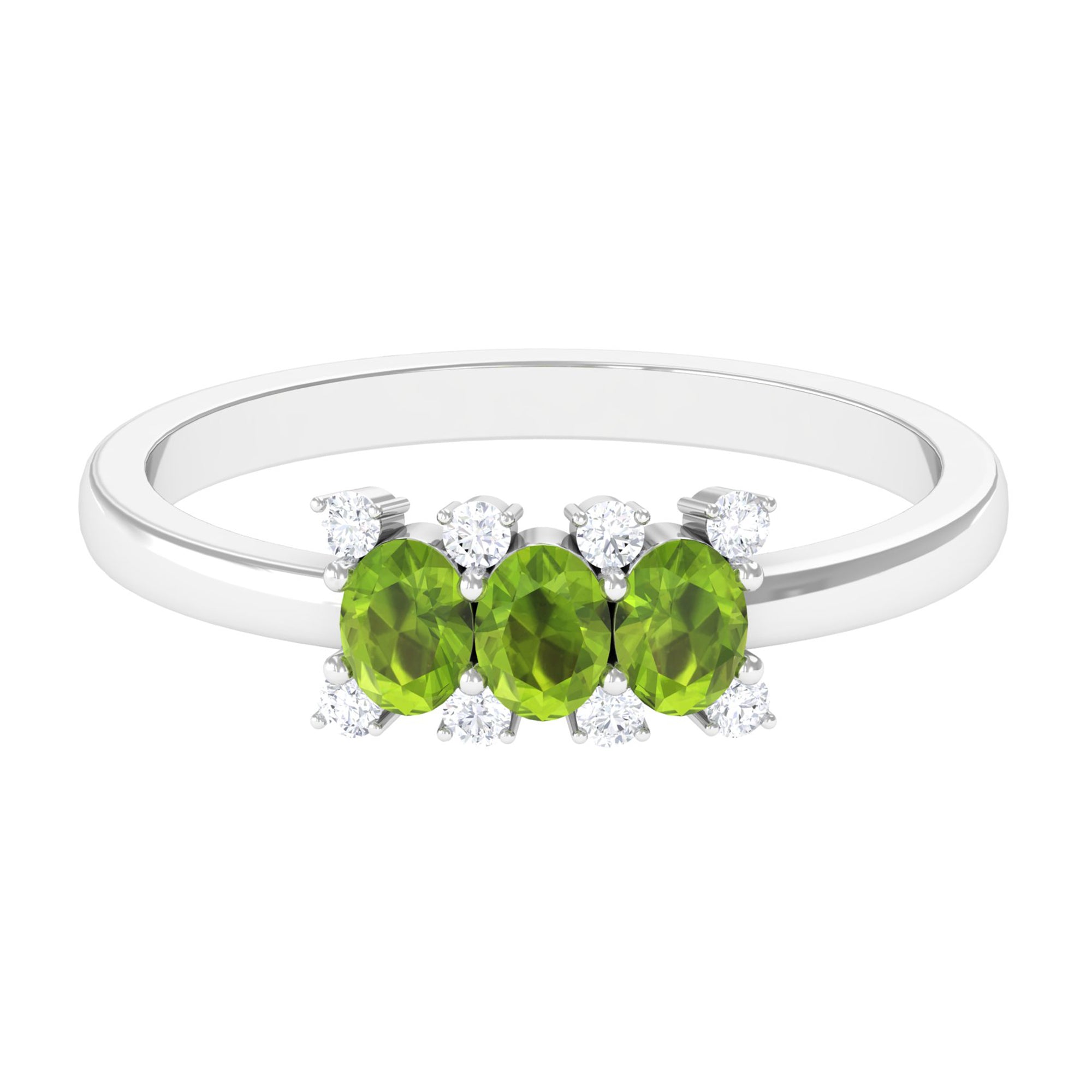 3/4 CT Oval Cut Peridot Three Stone Ring with Diamond Stones AAA - Rosec Jewels