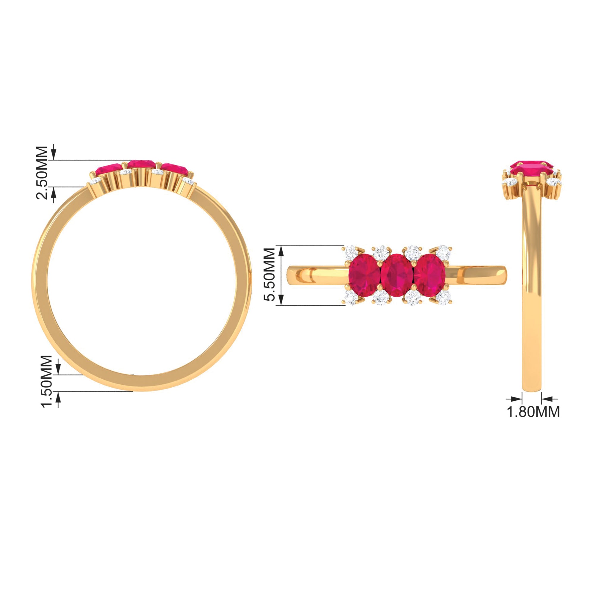 Oval Ruby Three Stone Promise Ring with Diamond AAA - Rosec Jewels