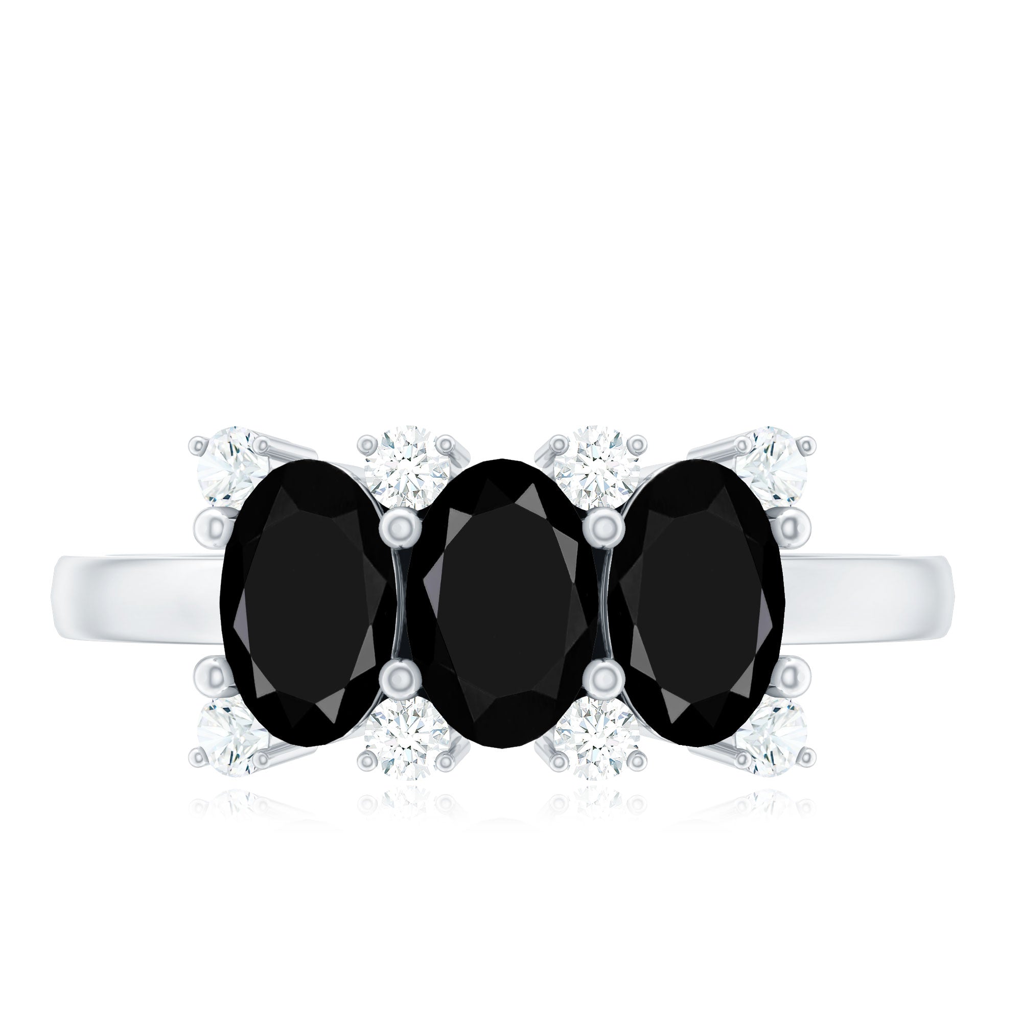 Rosec Jewels-Natural Oval Black Spinel 3 Stone Engagement Ring with Diamond