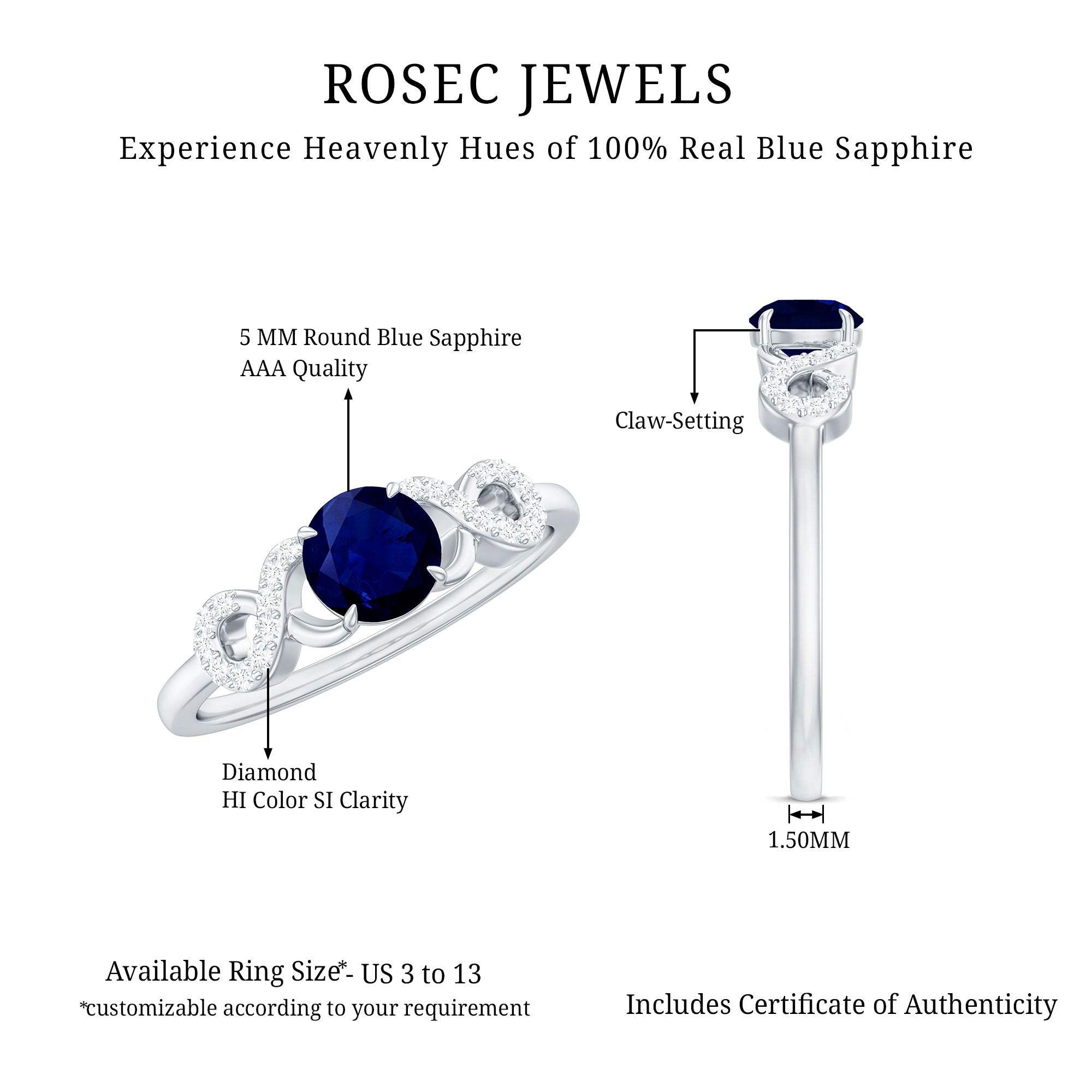 Real 0.9 Carat Blue Sapphire Infinity Promise Ring with Diamond AAA - Rosec Jewels